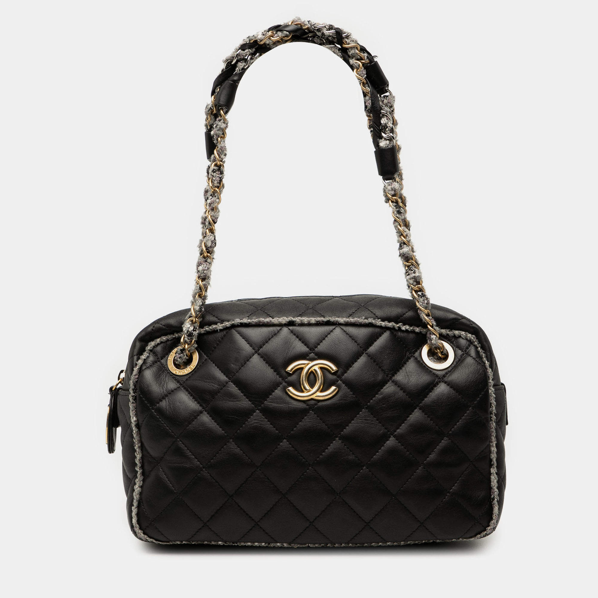 Pre Owned Chanel Black CC Quilted Lambskin Tweedy Bowler Bag