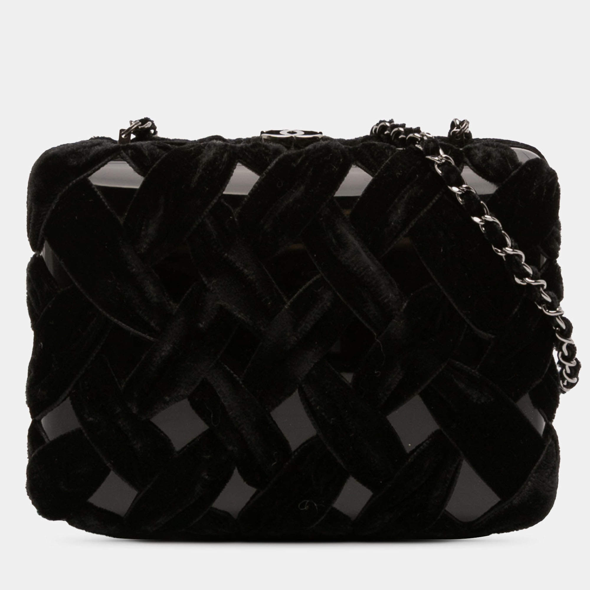 Pre Owned Chanel Black Woven Velvet and Resin Box Clutch with Chain