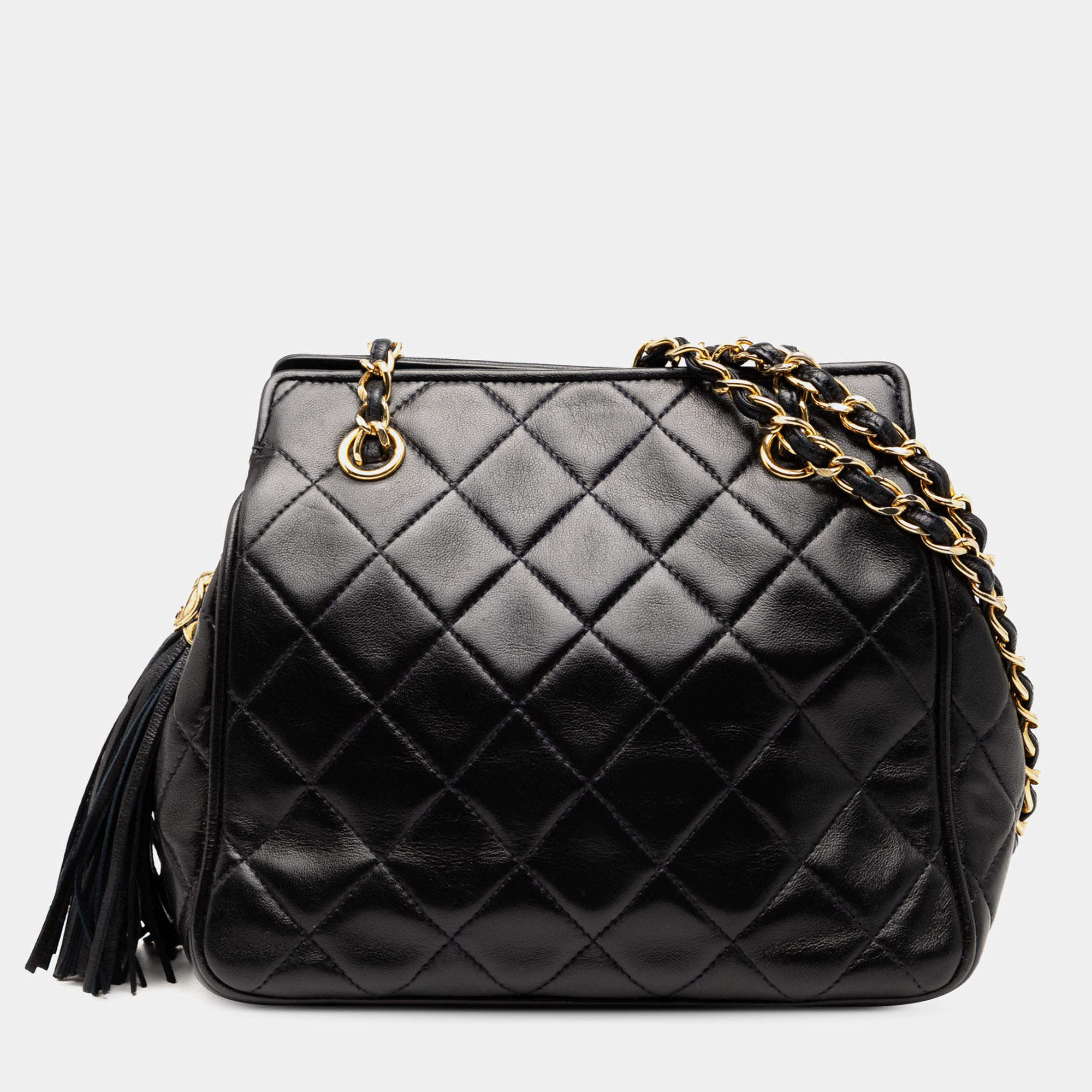 Pre Owned Chanel Black Mini Quilted Lambskin Chain Tote