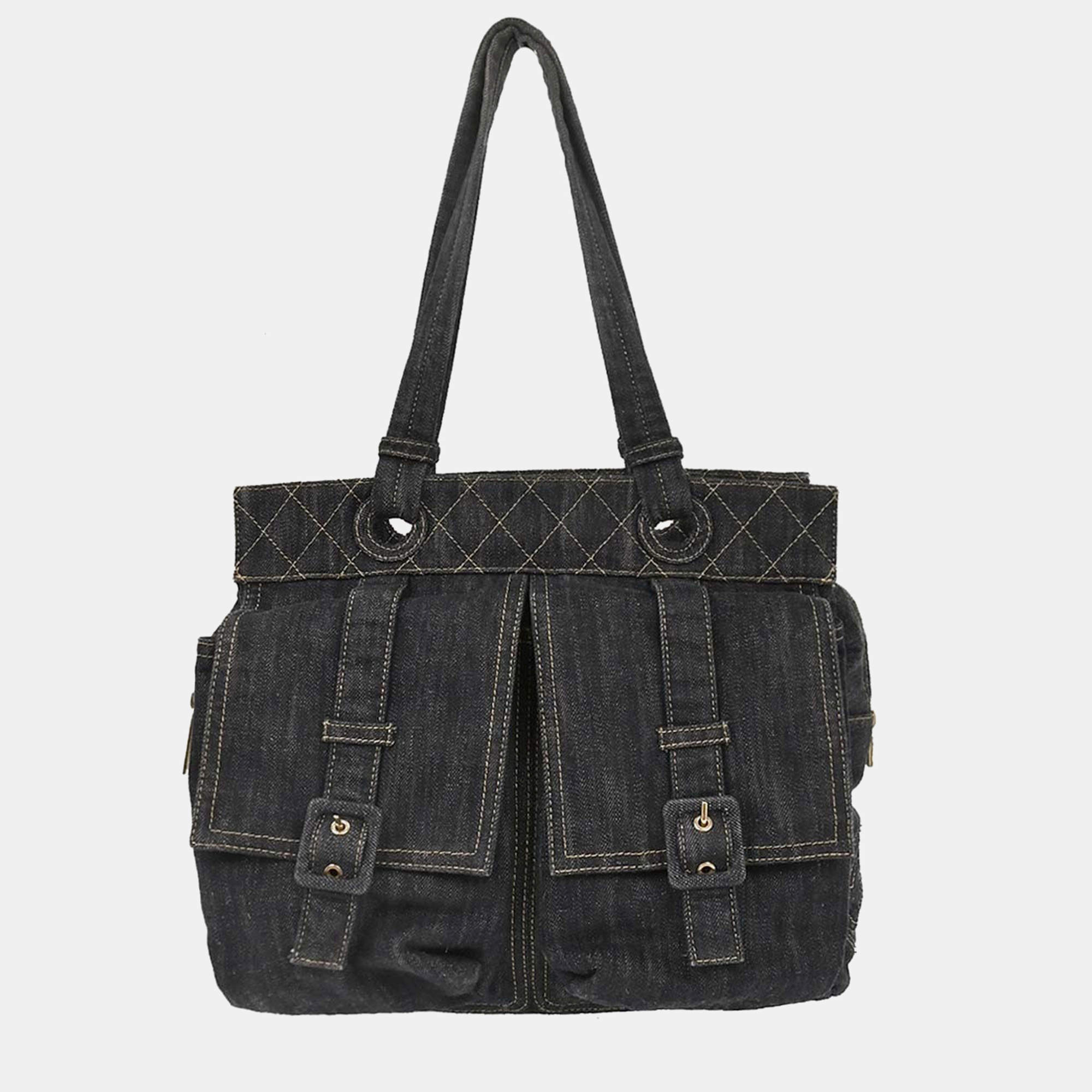 Pre Owned Chanel Navy Sparkling Denim Tote Handbag