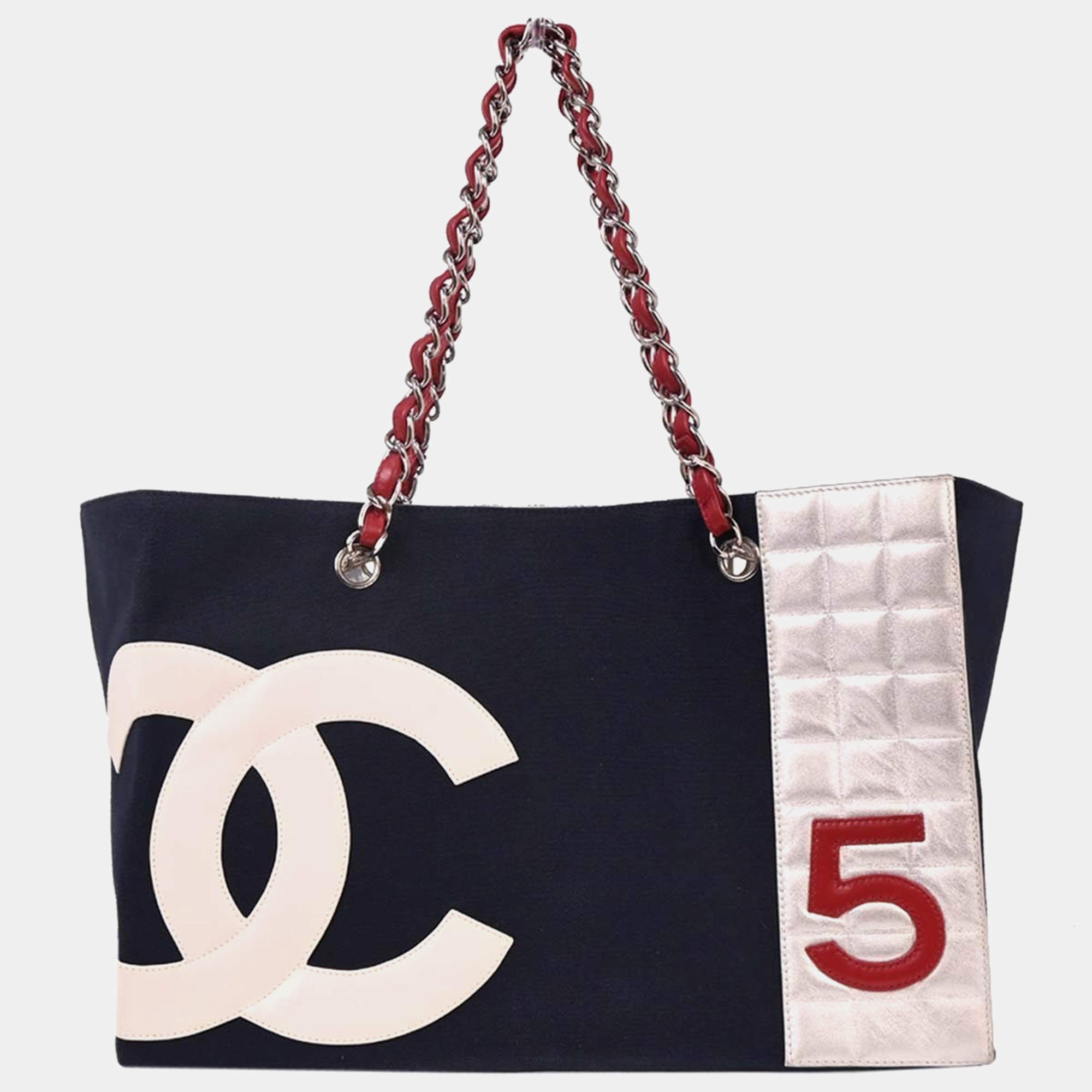 Pre Owned Chanel Navy Silver Canvas No.5 Choco Bar Tote Handbag