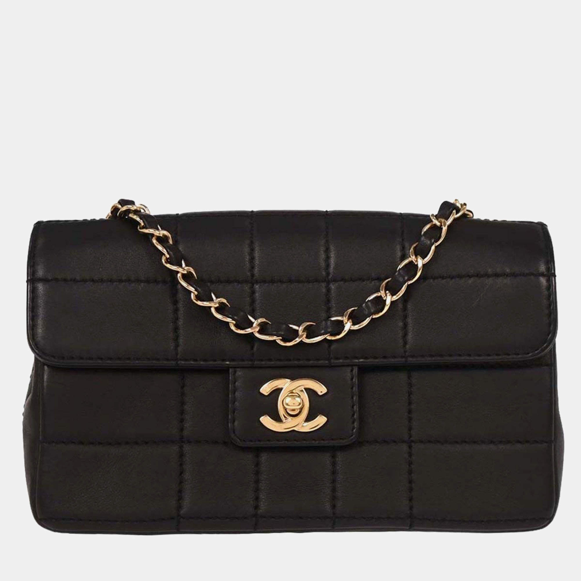 Pre Owned Chanel Black Calfskin Choco Bar Shoulder Bag