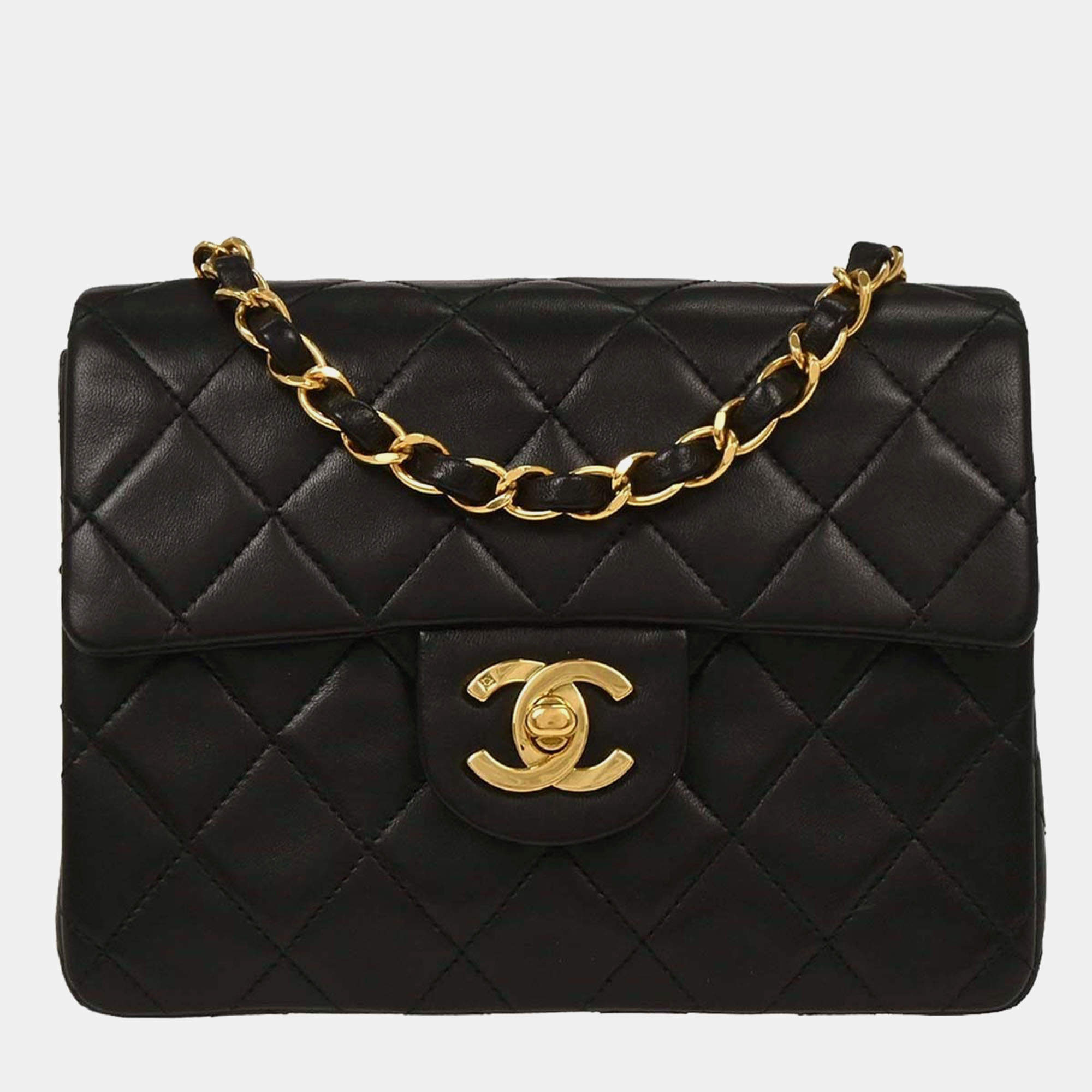 Pre Owned Chanel Black Lambskin Mini Classic Square Flap Shoulder Bag