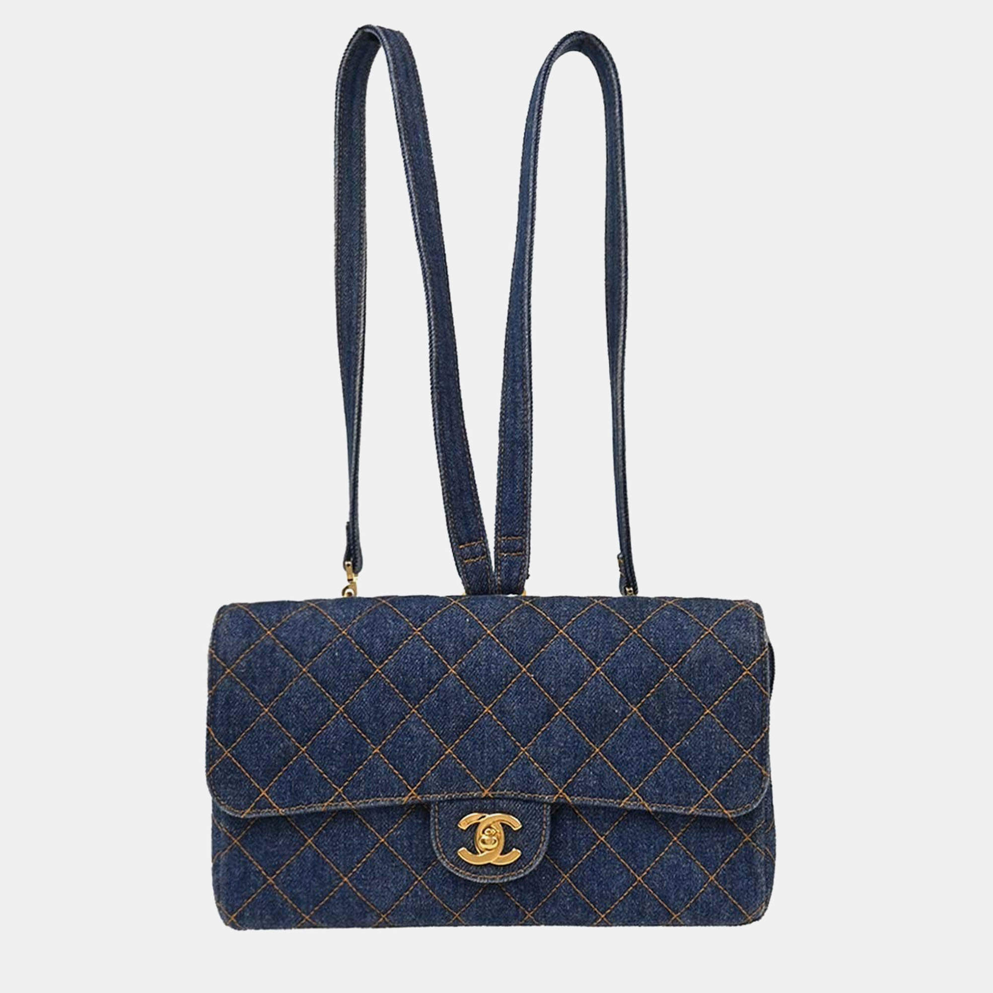 Pre Owned Chanel Denim Blue Backpack