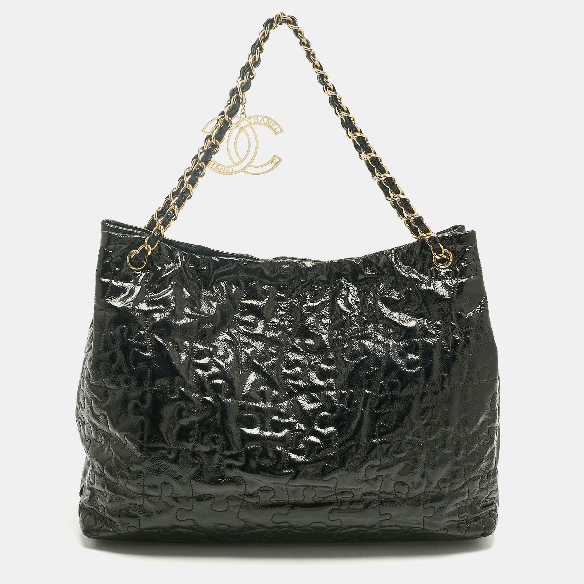 Pre Owned Chanel Black Puzzle Patent Leather Chain Tote