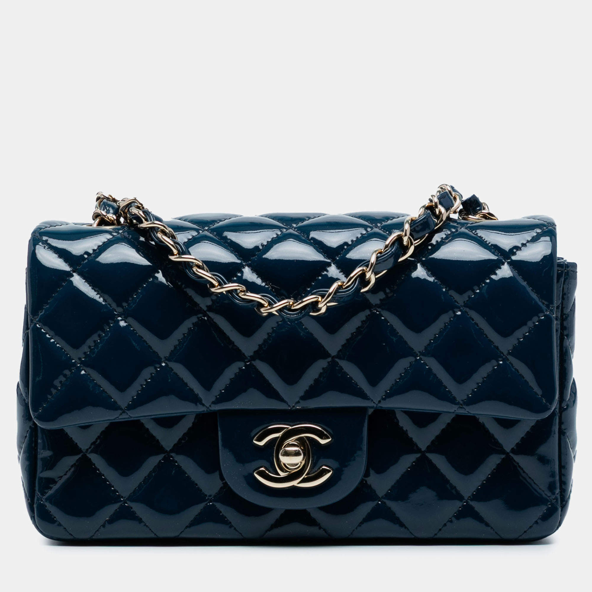 Pre Owned Chanel Navy Blue Mini Rectangular Classic Patent Single Flap