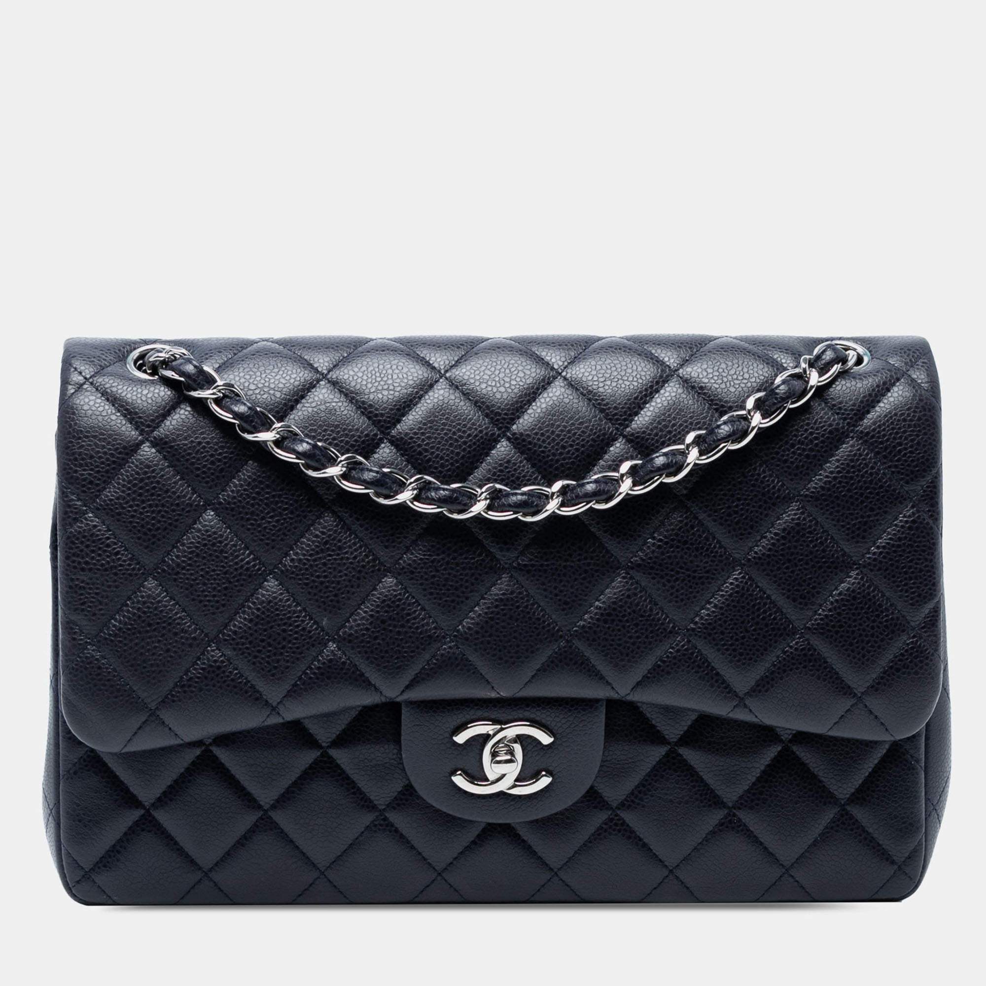 Pre Owned Chanel Blue Jumbo Classic Caviar Double Flap
