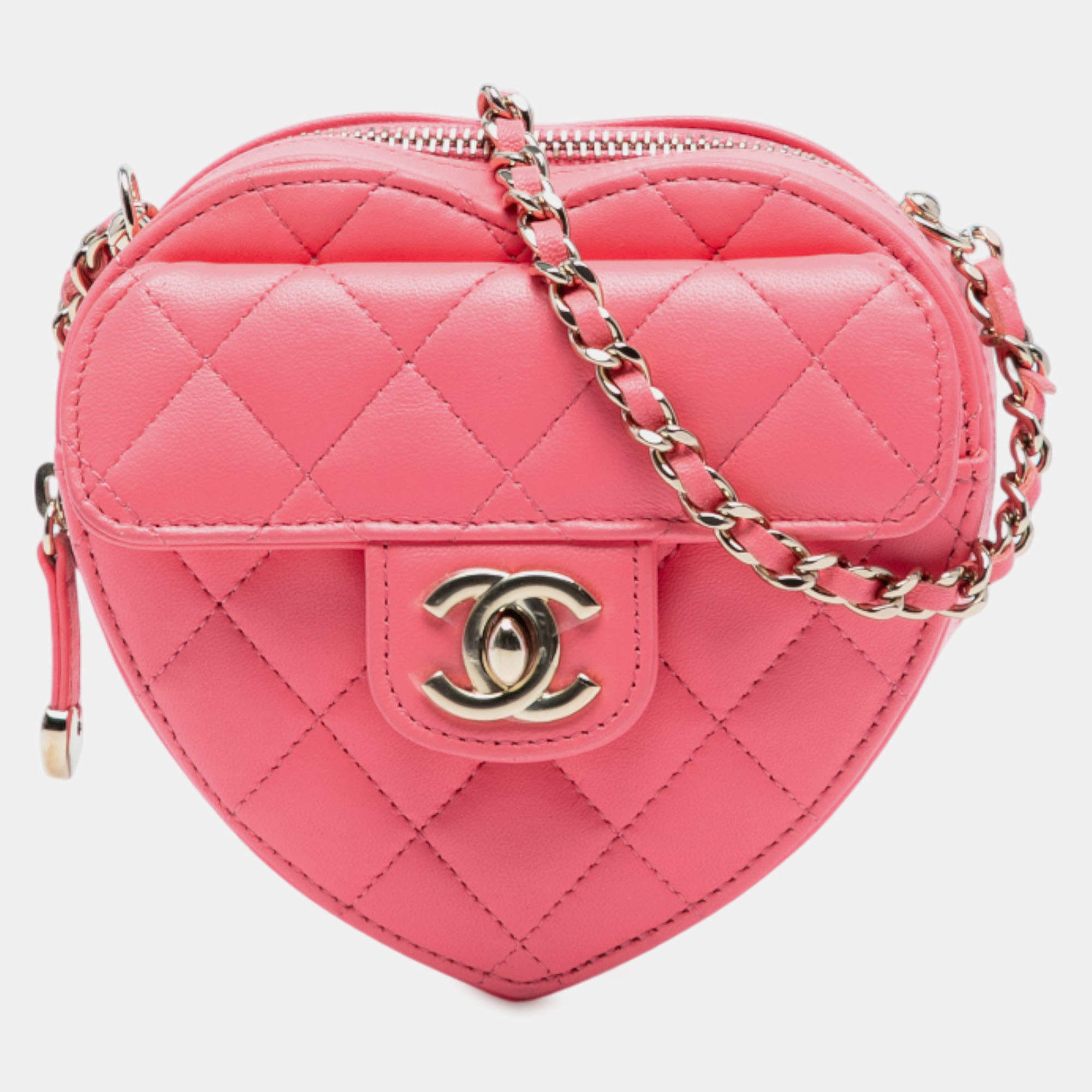 Pre Owned Chanel Pink Mini Lambskin CC in Love Heart Crossbody