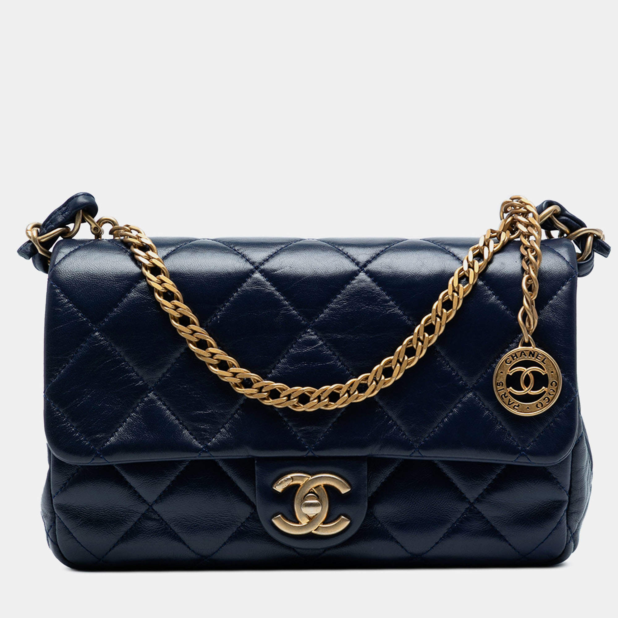 Pre Owned Chanel Navy Blue CC Quilted Lambskin Coin Chain Flap
