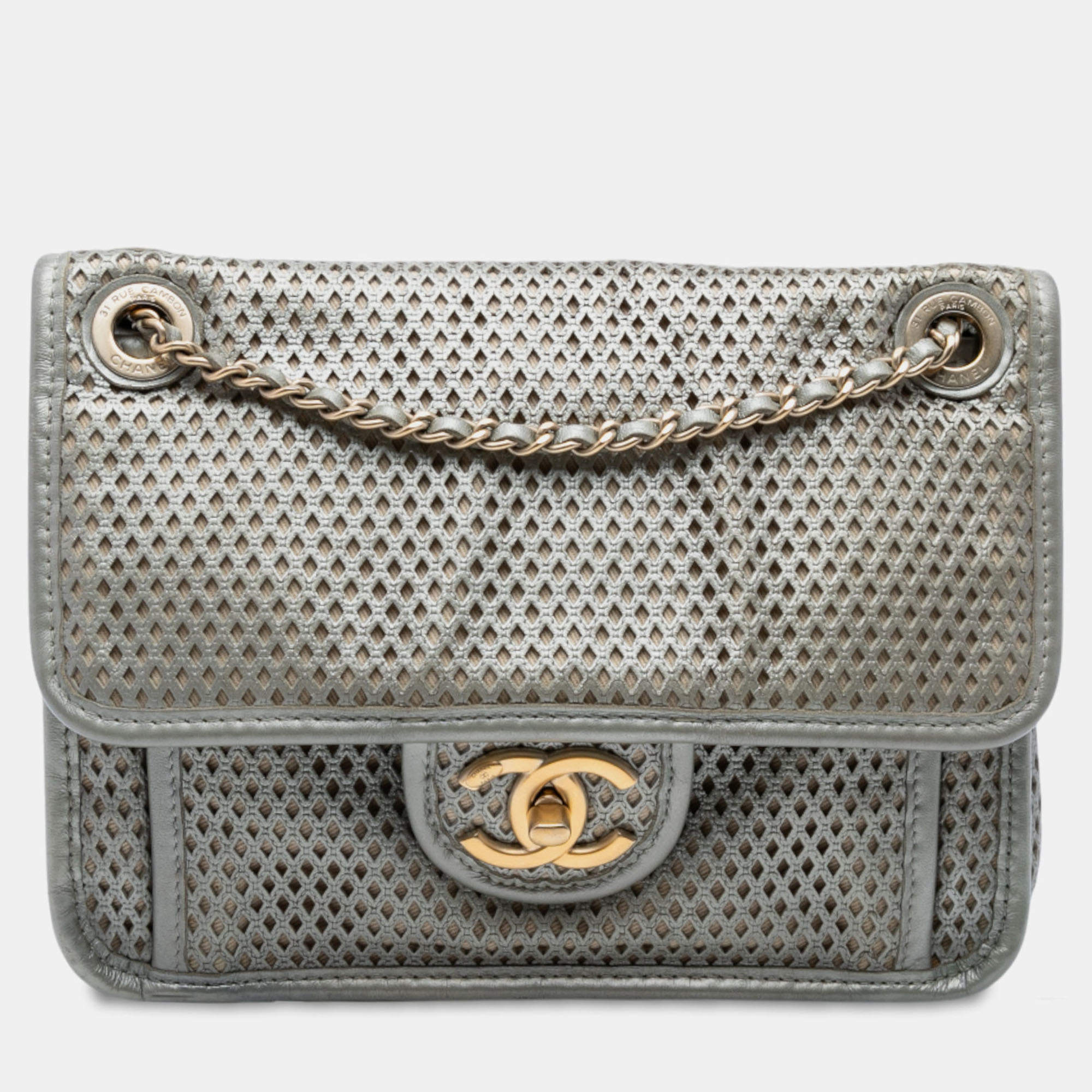 Pre Owned Chanel Silver Small Perforated Calfskin Up In The Air Flap