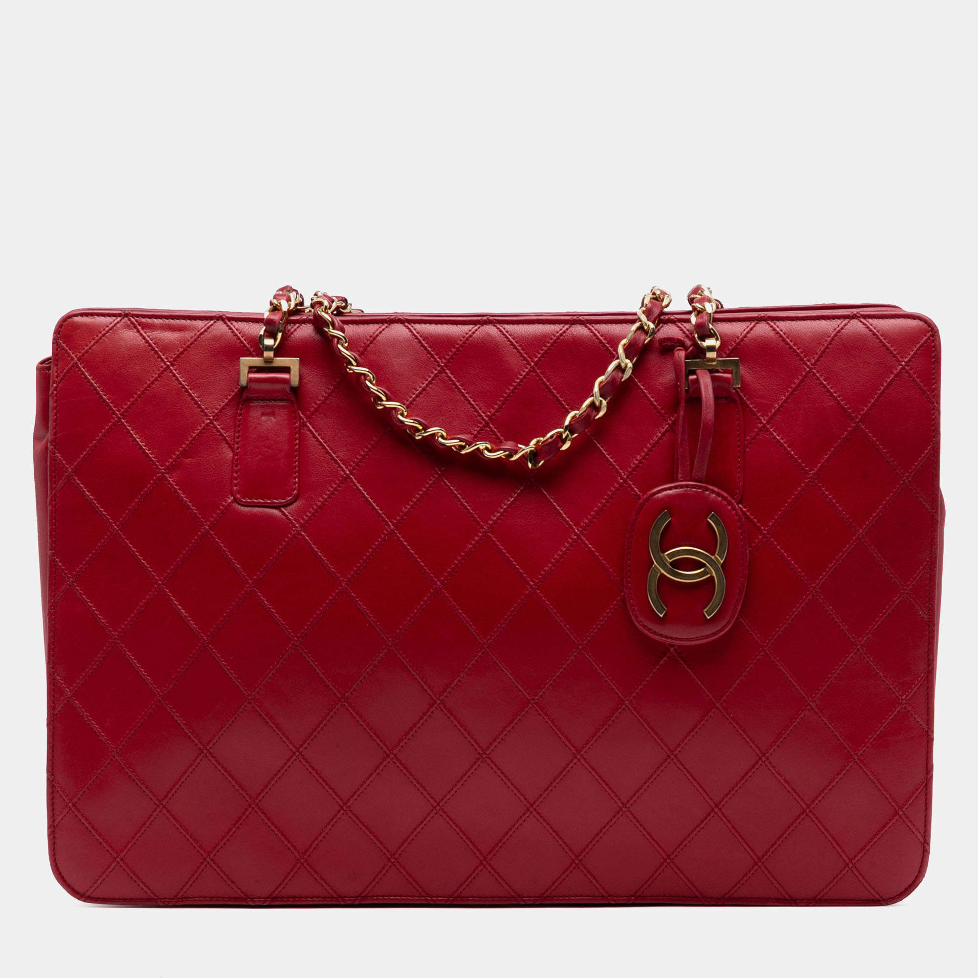 Pre Owned Chanel Red CC Quilted Lambskin Chain Tote