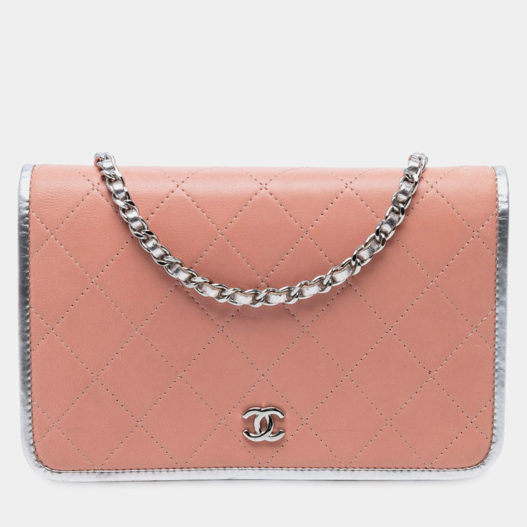 Pre Owned Chanel Pink CC Quilted Bicolor Lambskin Wallet On Chain