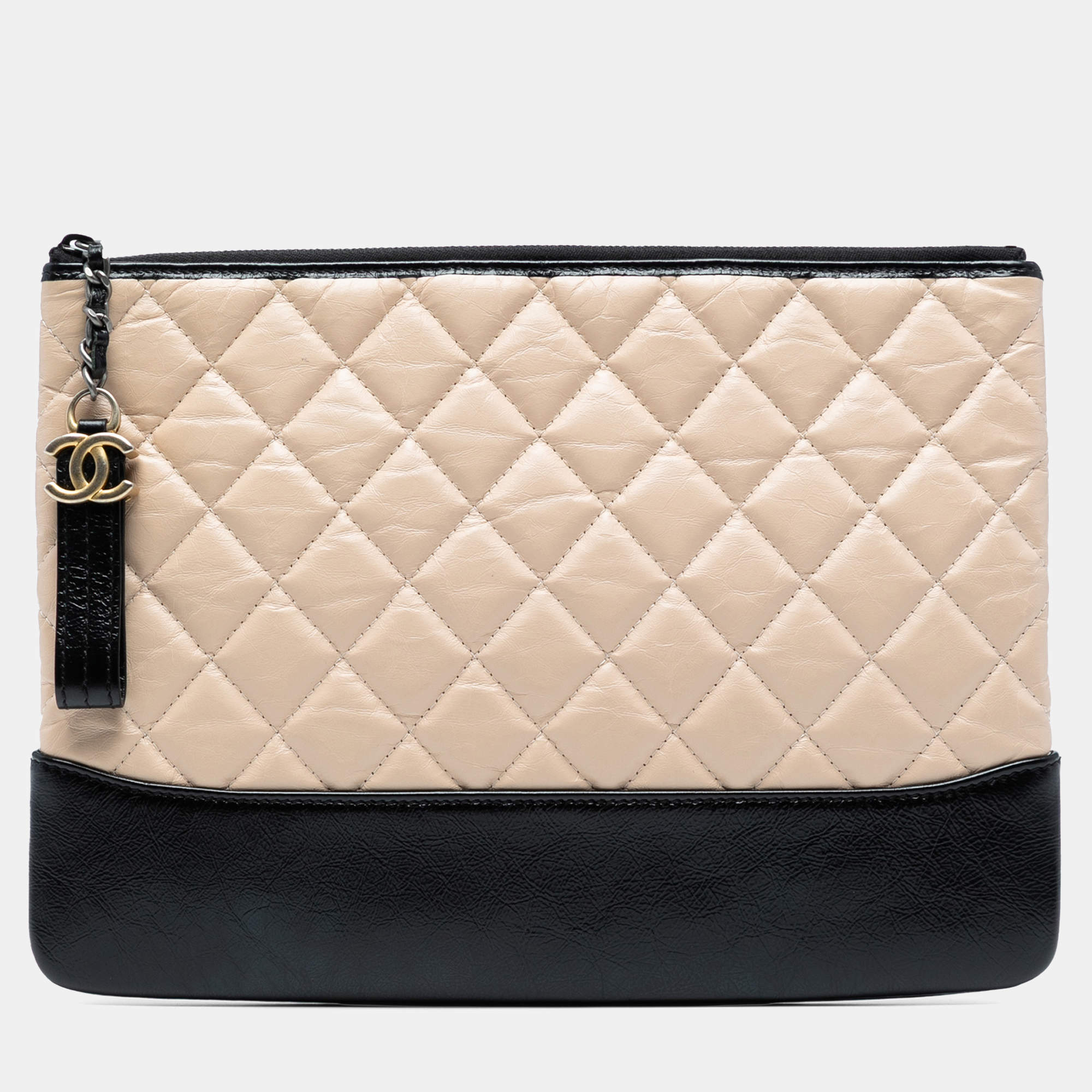 Pre Owned Chanel Beige Black Medium Aged Calfskin Gabrielle O Case Clutch