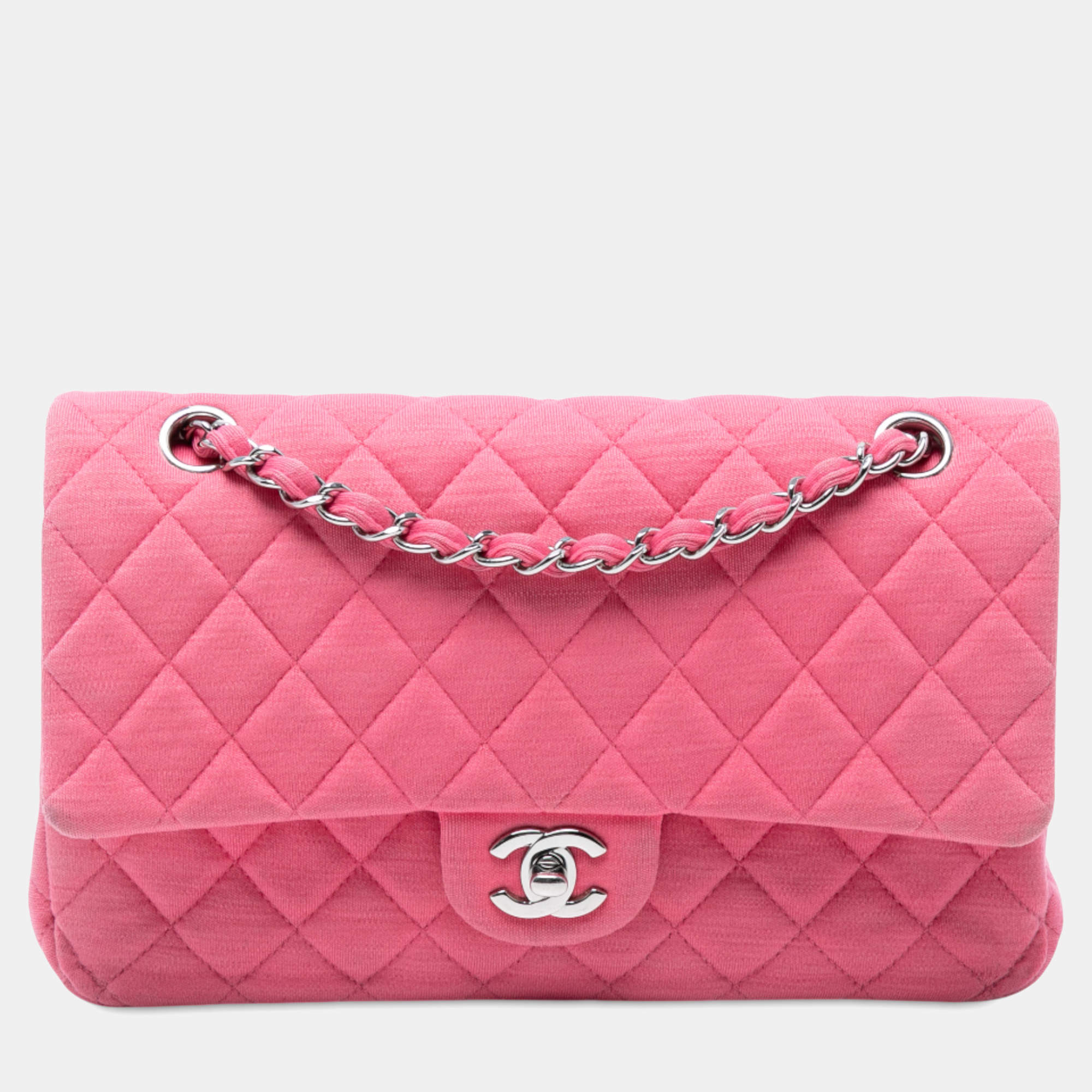 Pre Owned Chanel Pink Medium Classic Jersey Double Flap