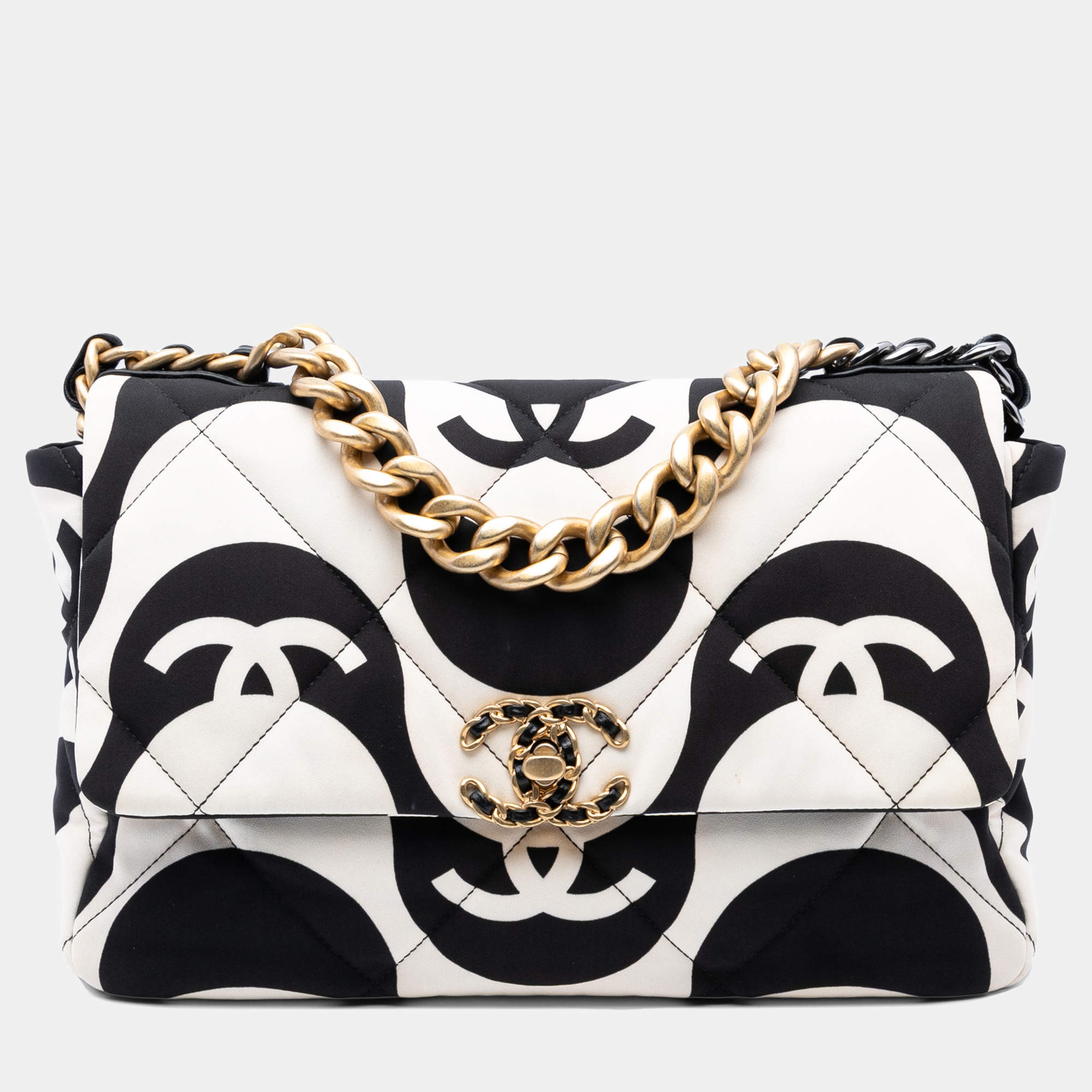 Pre Owned Chanel Black/White Large Printed Silk 19 Flap