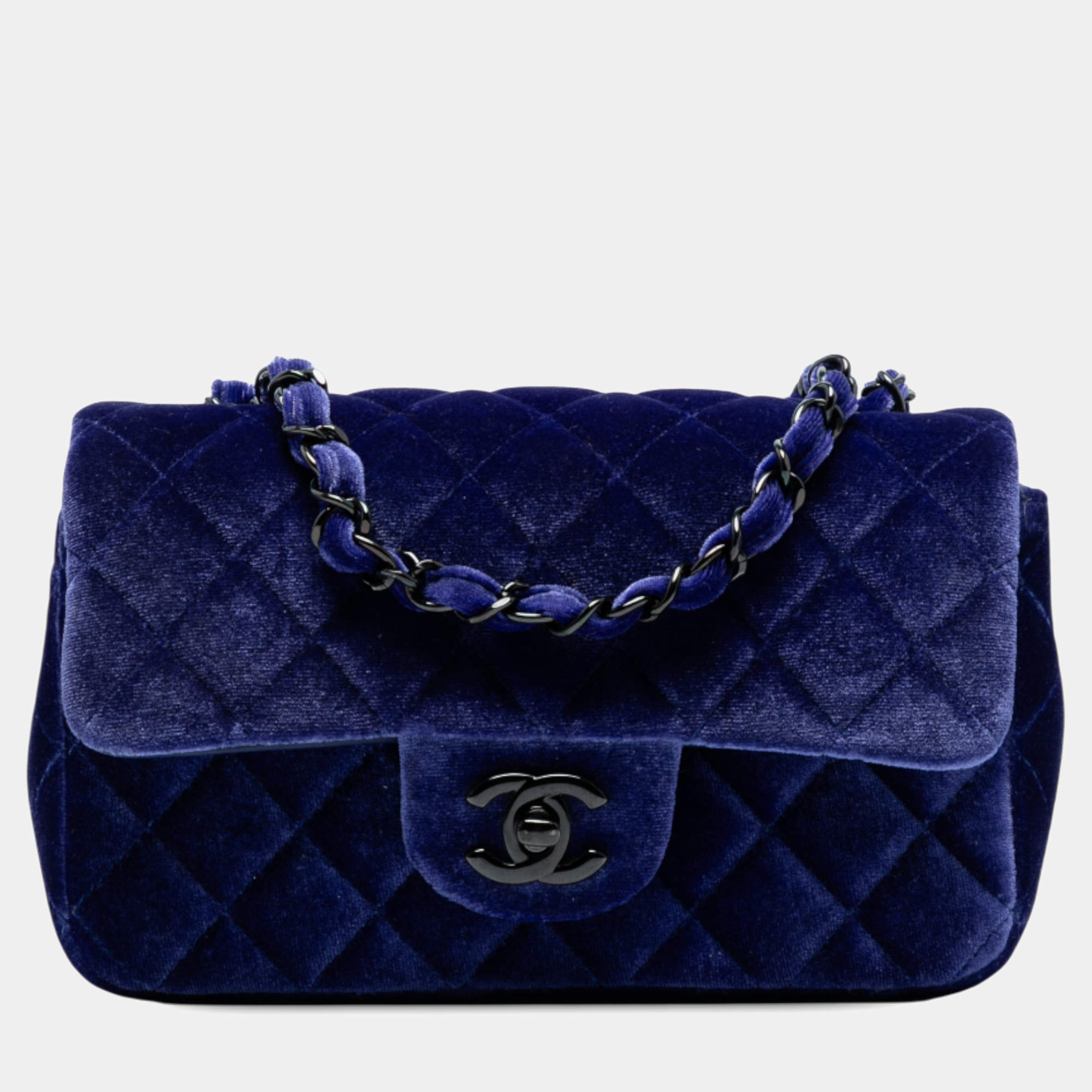 Pre Owned Chanel Blue Mini Rectangular Classic Velvet Single Flap