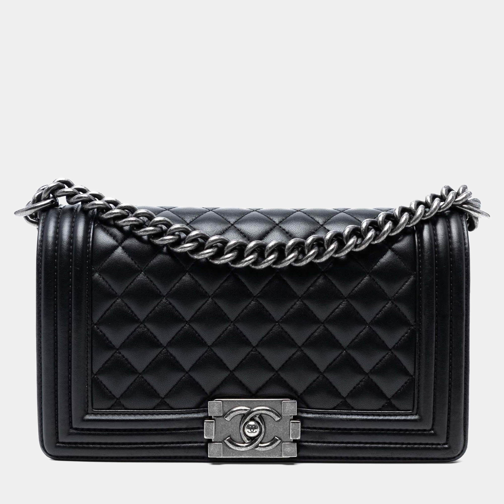 Pre Owned Chanel Black Old Medium Quilted Lambskin Boy Flap