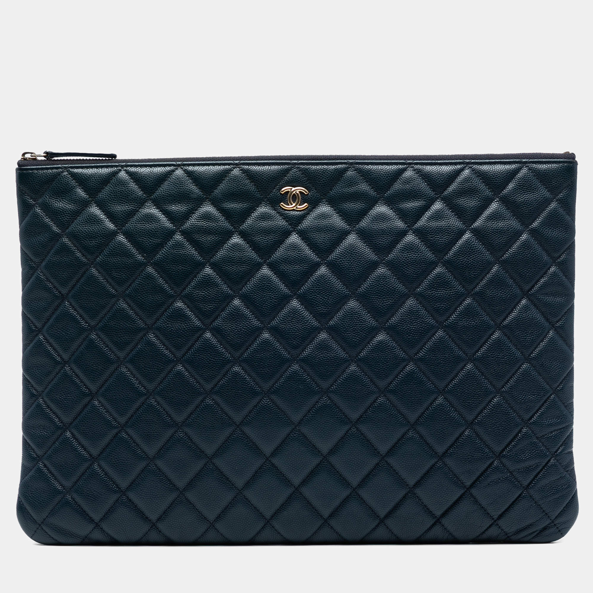 Pre Owned Chanel Navy Blue Large Quilted Caviar O Case Clutch