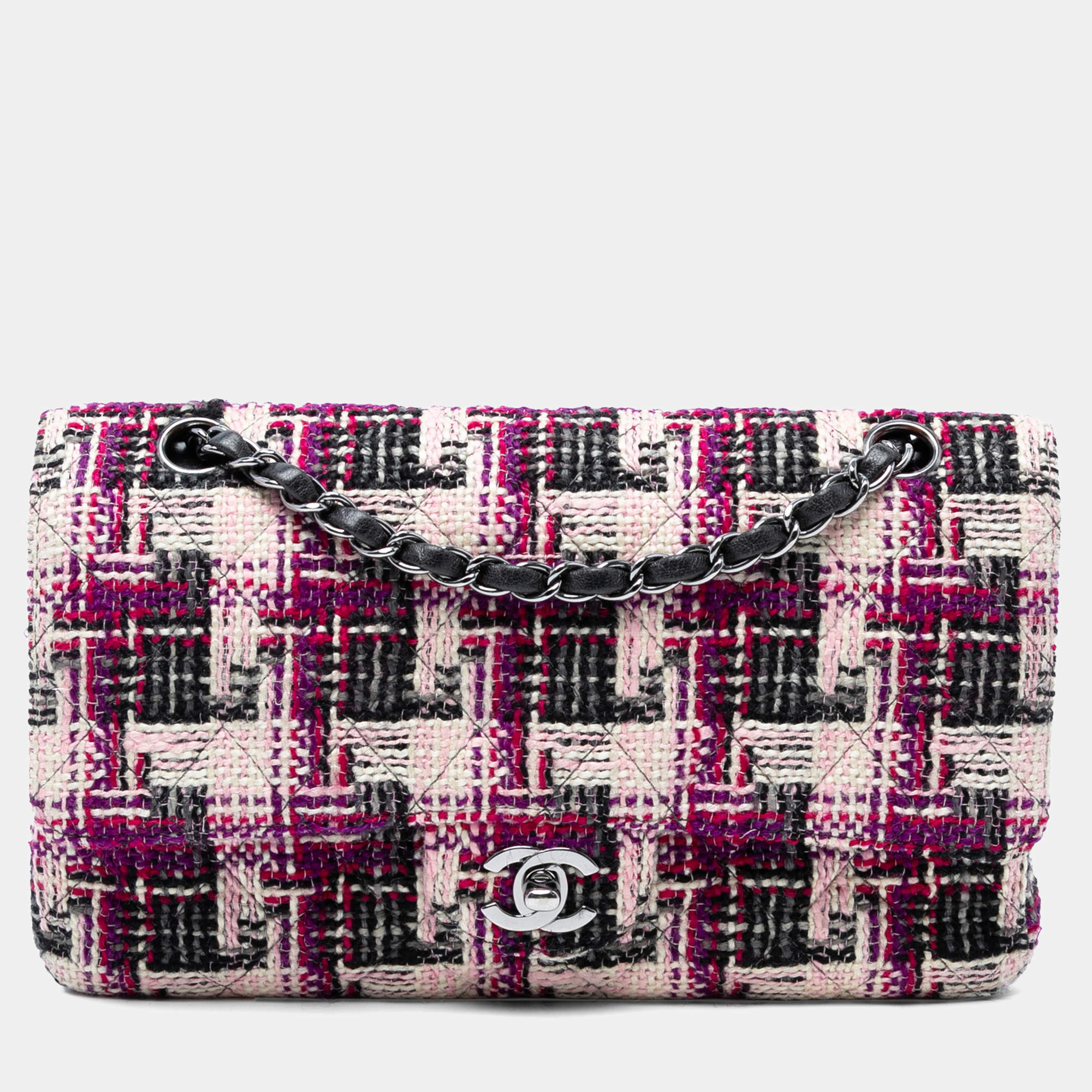 Pre Owned Chanel Pink Medium Classic Tweed Double Flap