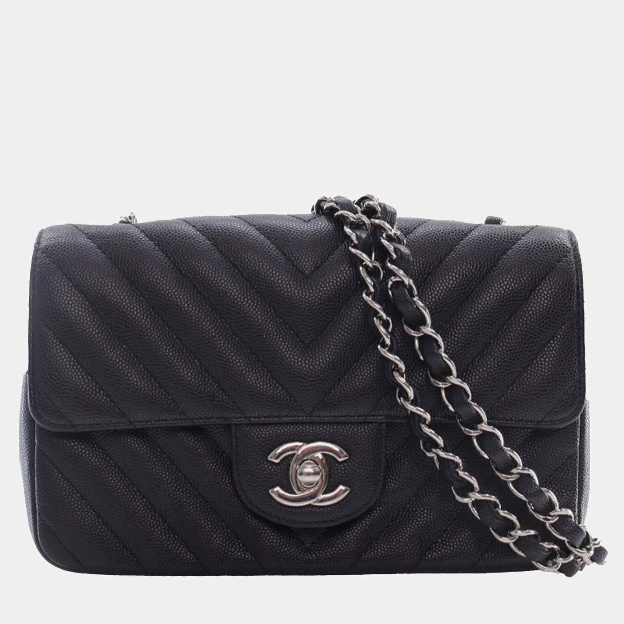 Pre Owned Chanel Black Mini Rectangular Classic Chevron Caviar Single Flap