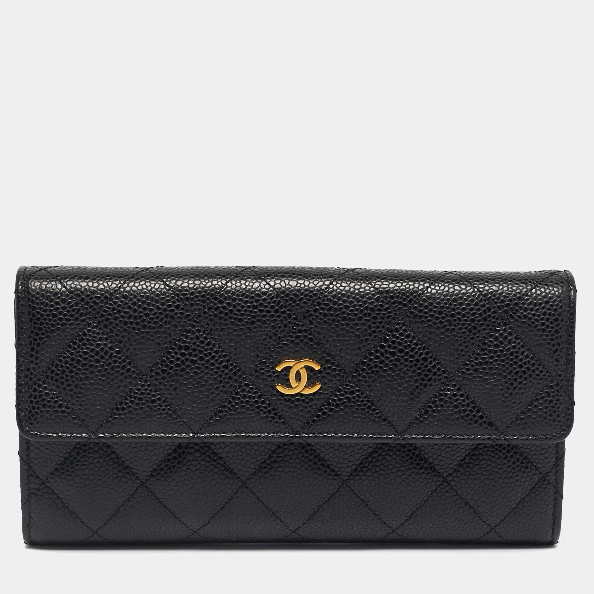 Pre Owned Chanel Black Quilted Caviar Leather Classic Flap Wallet