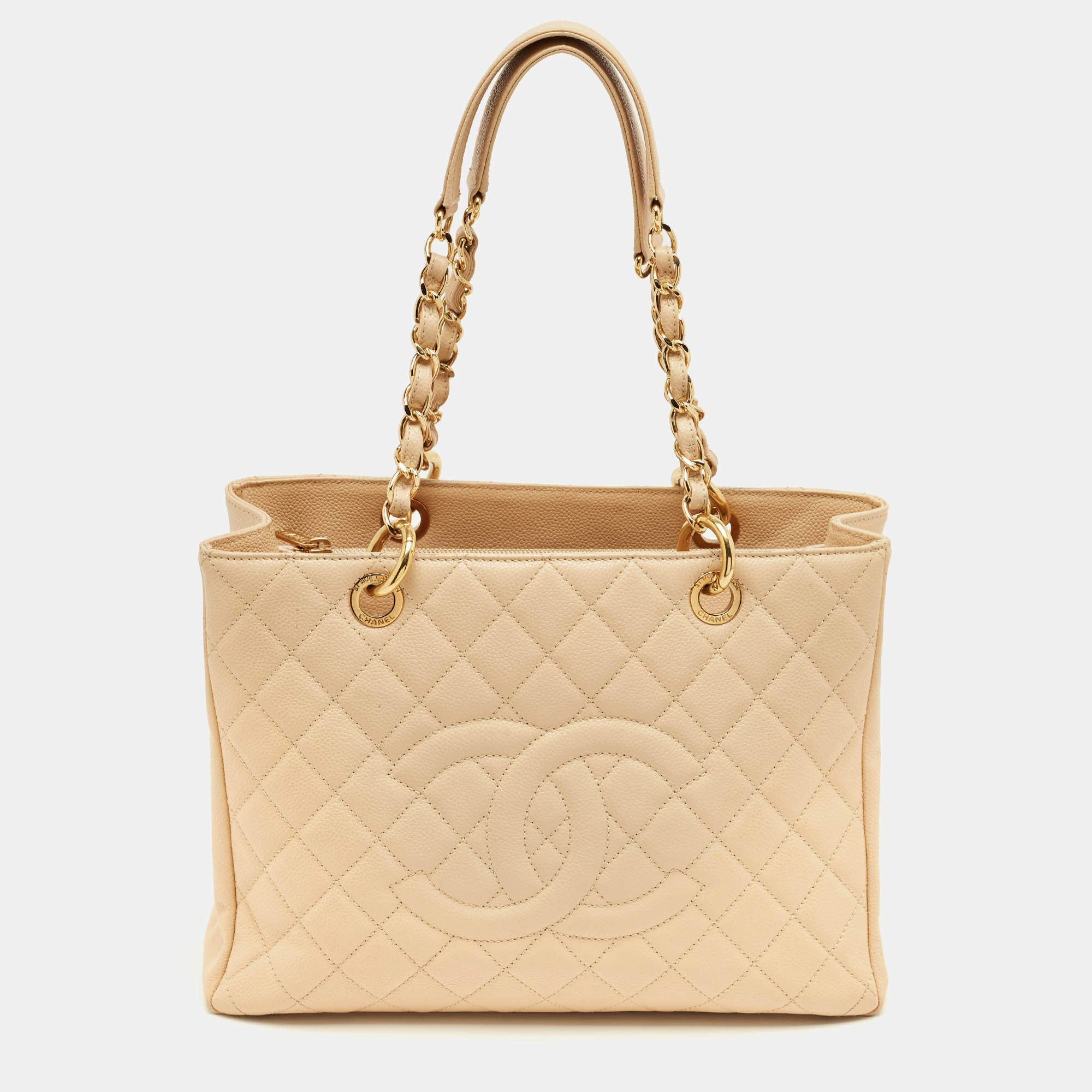 Pre Owned Chanel Beige Quilted Caviar Leather GST Shopper Tote