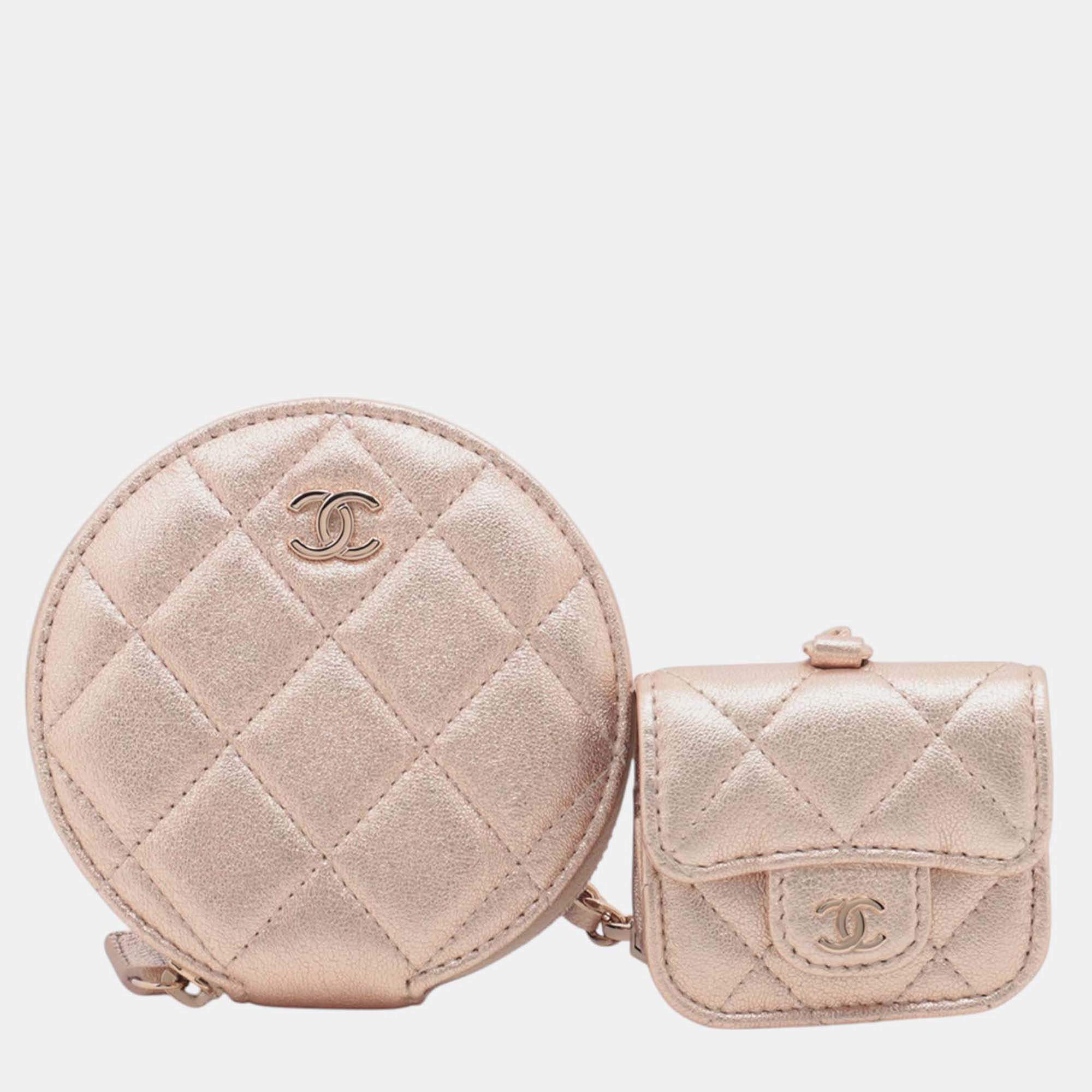 Pre Owned Chanel Pink CC Quilted Metallic Lambskin Coin Pouch and AirPods Pro Case