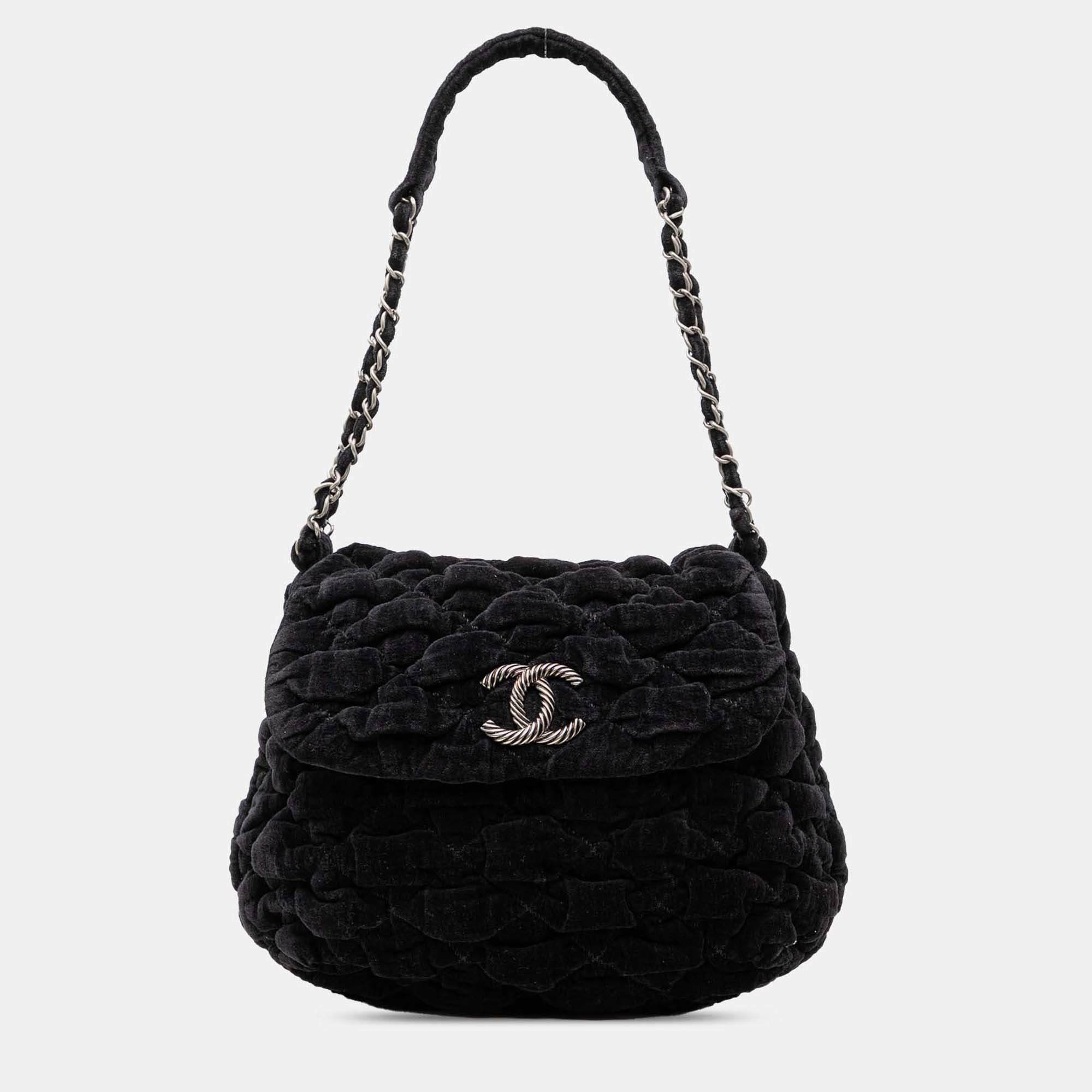 Pre Owned Chanel Black Paris Moscou Bubble Quilted Velvet Flap