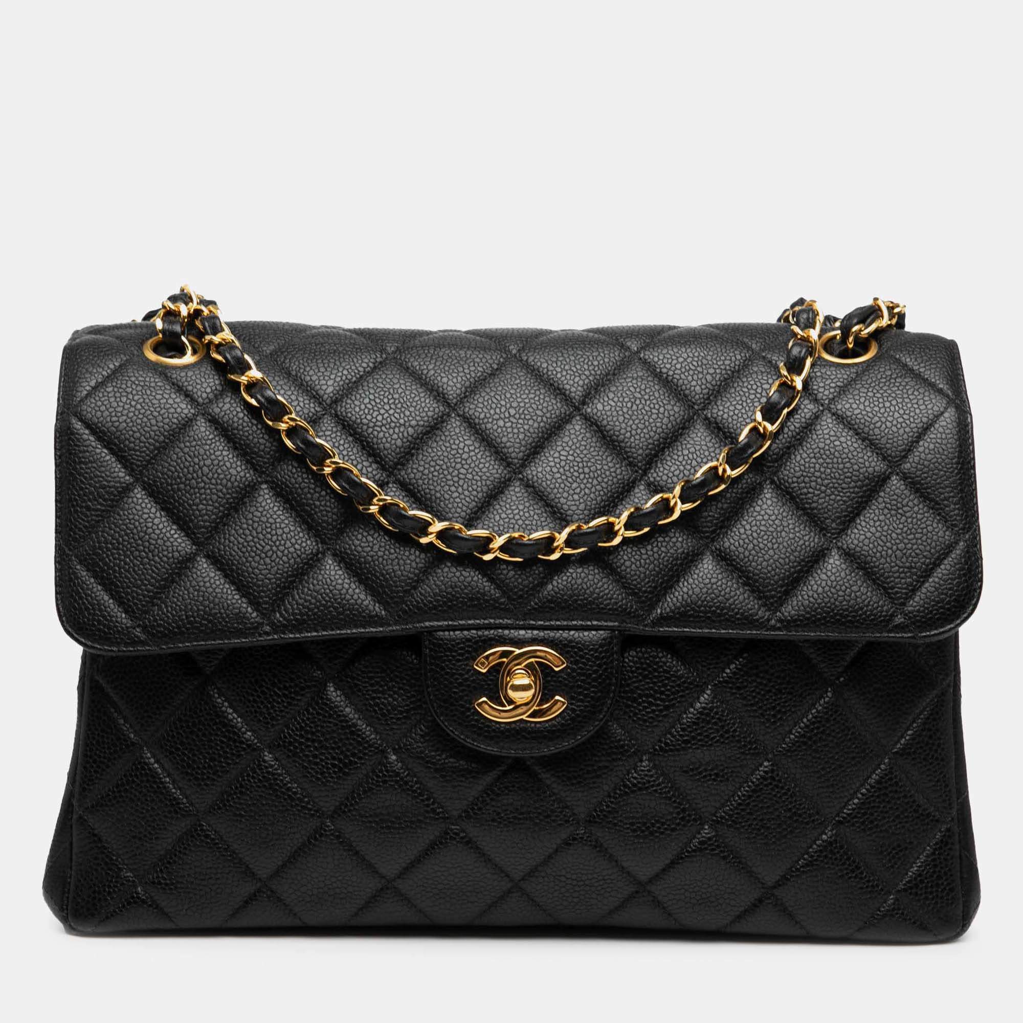Pre Owned Chanel Black Jumbo Quilted Caviar Double Sided Flap