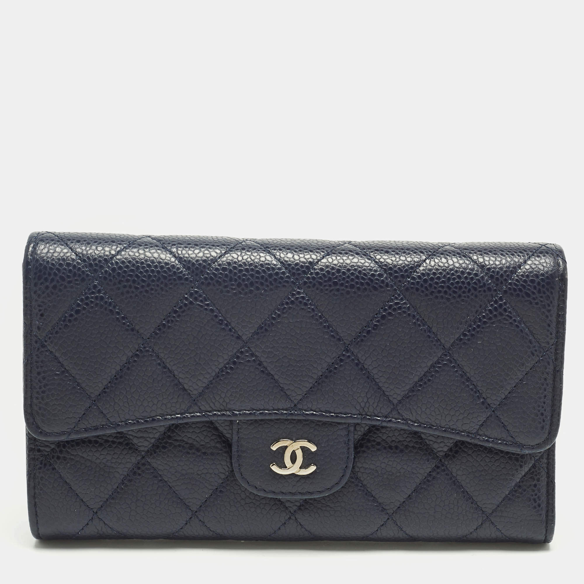 Pre Owned Chanel Navy Blue Quilted Caviar Leather Classic L Trifold Wallet