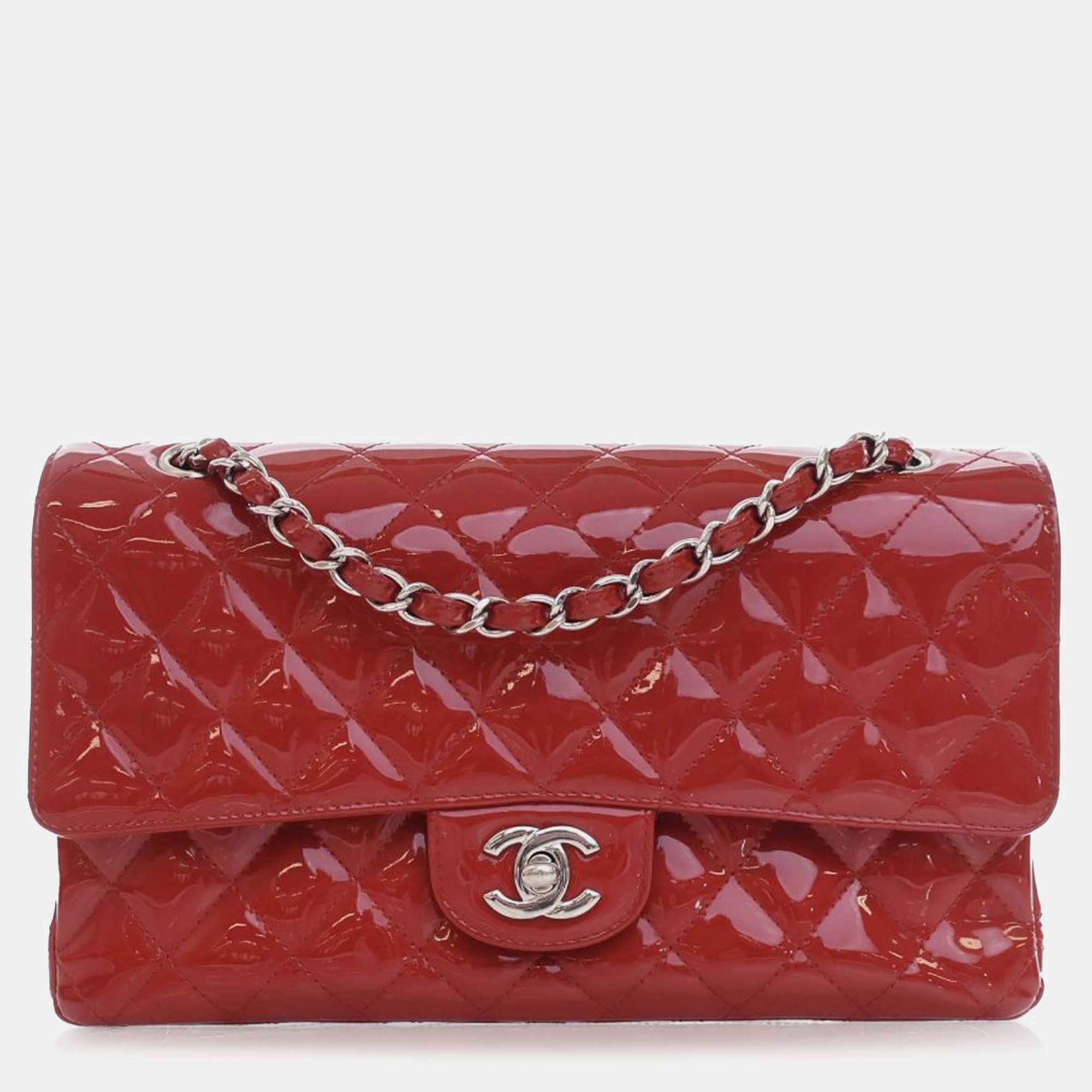 Pre Owned Chanel Red Medium Classic Patent Double Flap