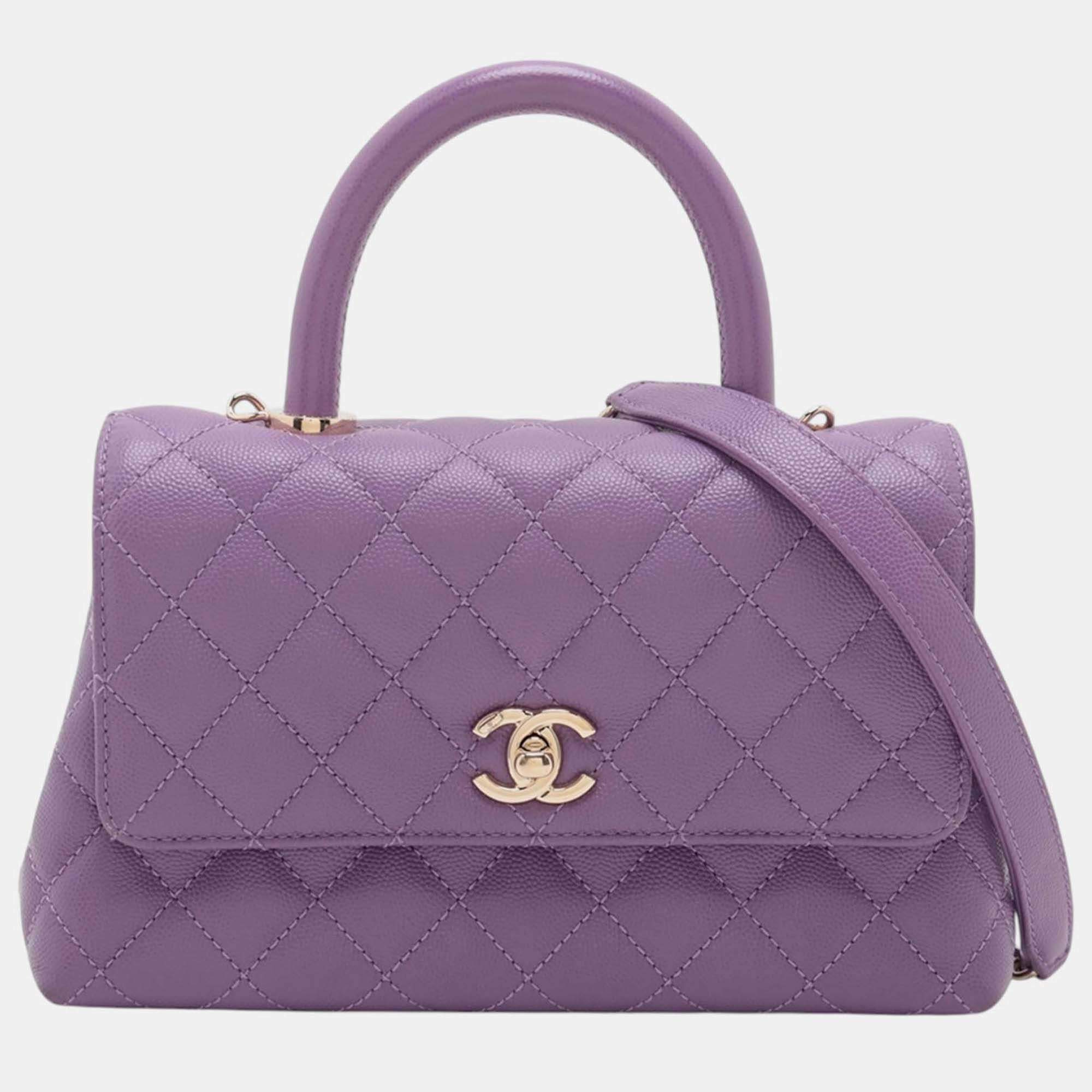 Pre Owned Chanel Purple Mini Caviar Coco Top Handle Bag