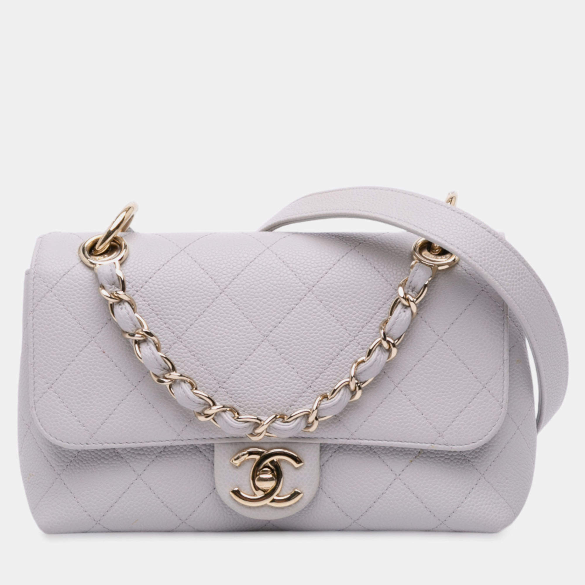 Pre Owned Chanel White Small Stitched Caviar City Walk Flap