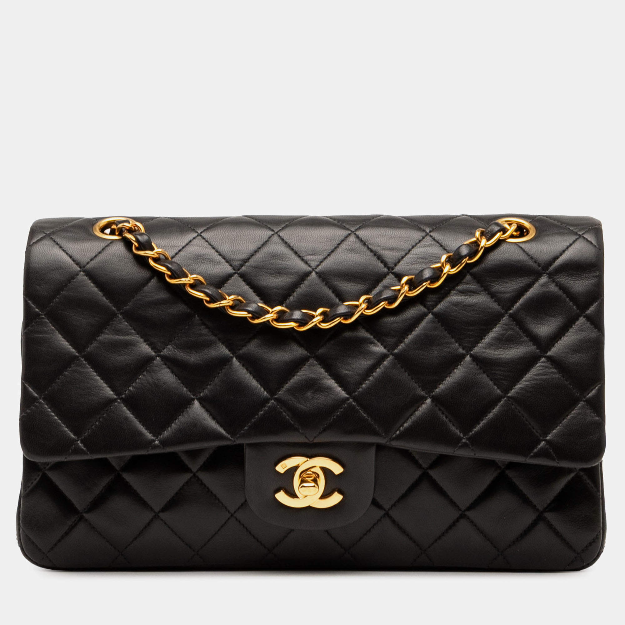 Pre Owned Chanel Black Medium Classic Lambskin Double Flap