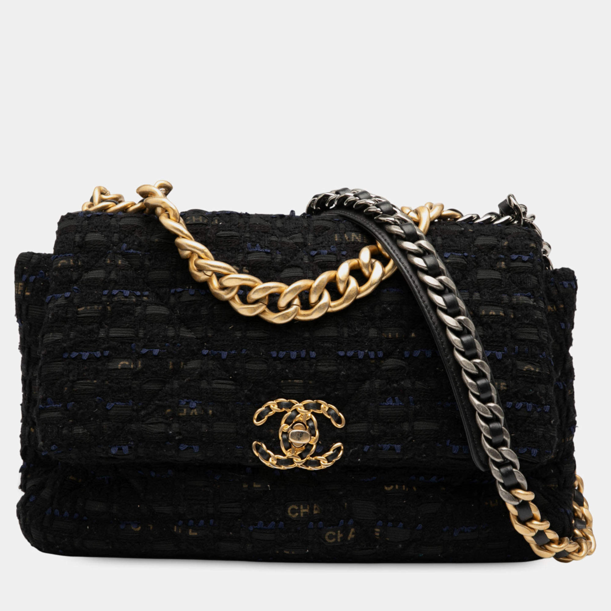 Pre Owned Chanel Black Blue Large Tweed 19 Flap