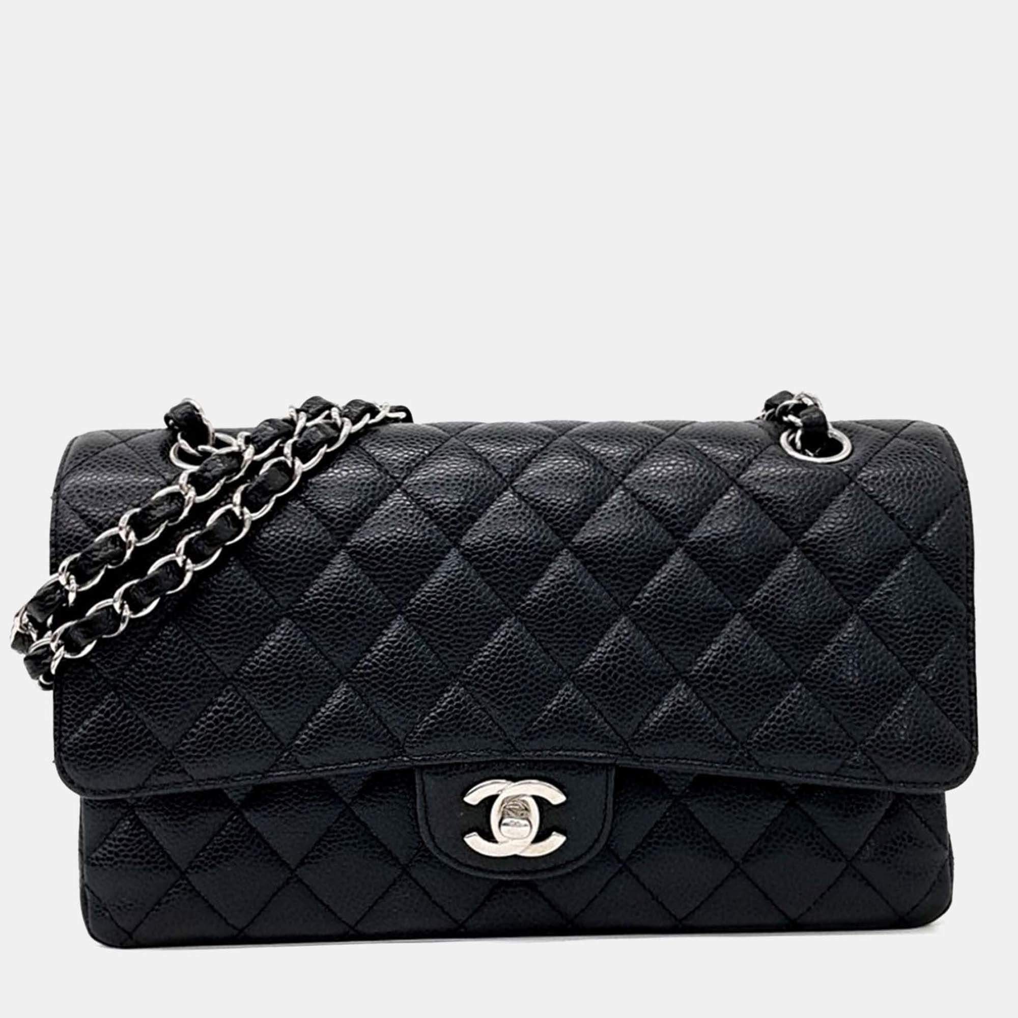 Pre Owned Chanel Black Leather Caviar Classic Medium