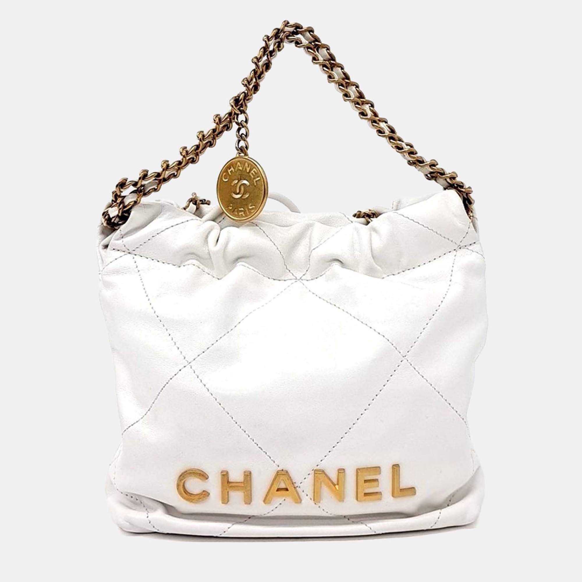 Pre Owned Chanel White Leather 22 Bag Mini