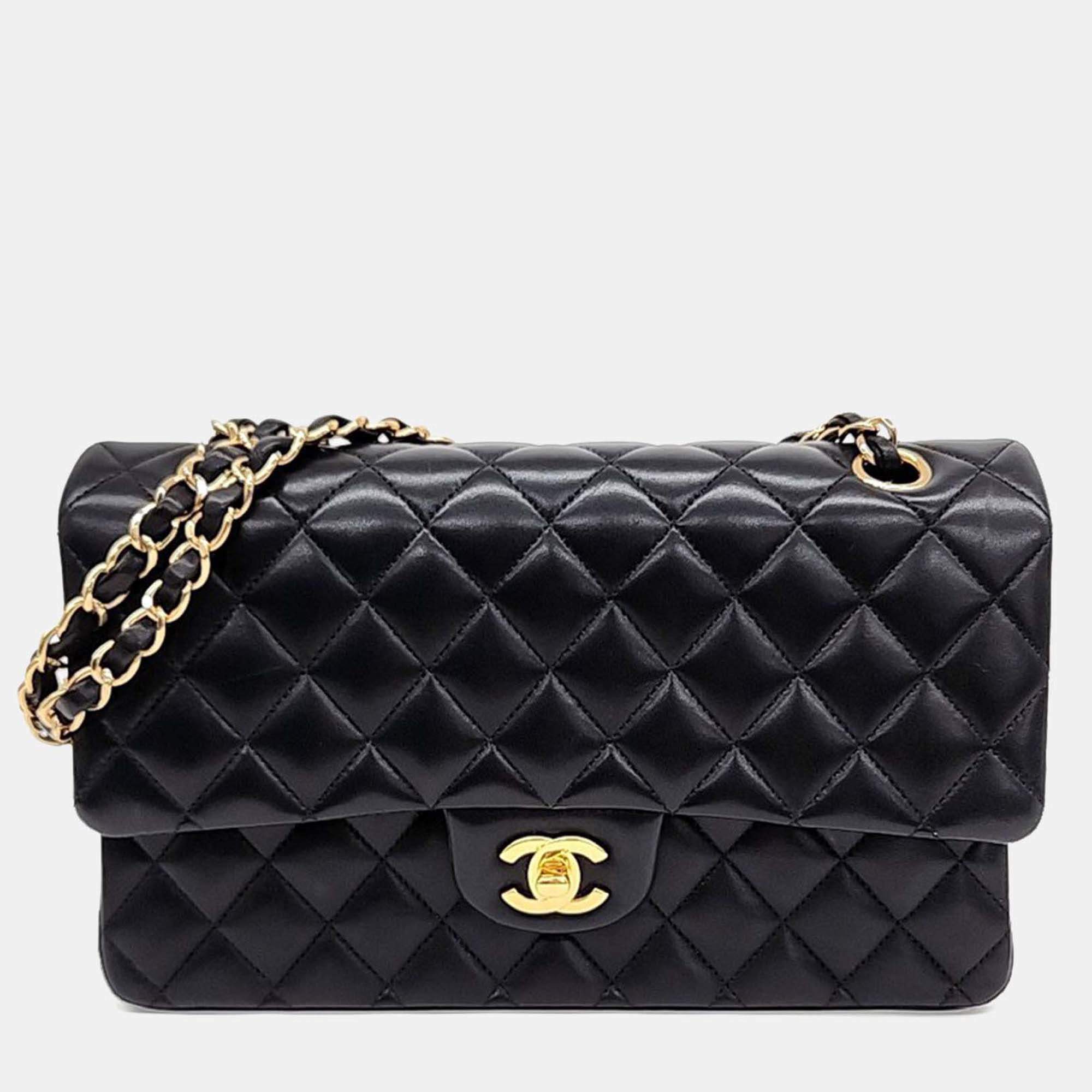 Pre Owned Chanel Black Lambskin Leather Lambskin Classic Medium