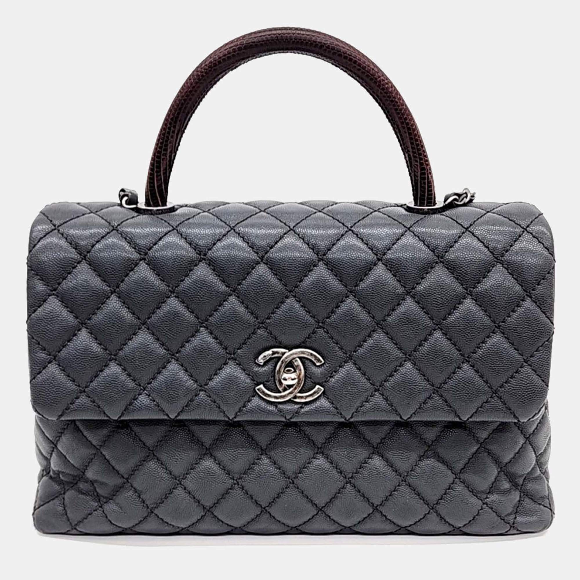 Pre Owned Chanel Grey Leather Caviar Coco Handle