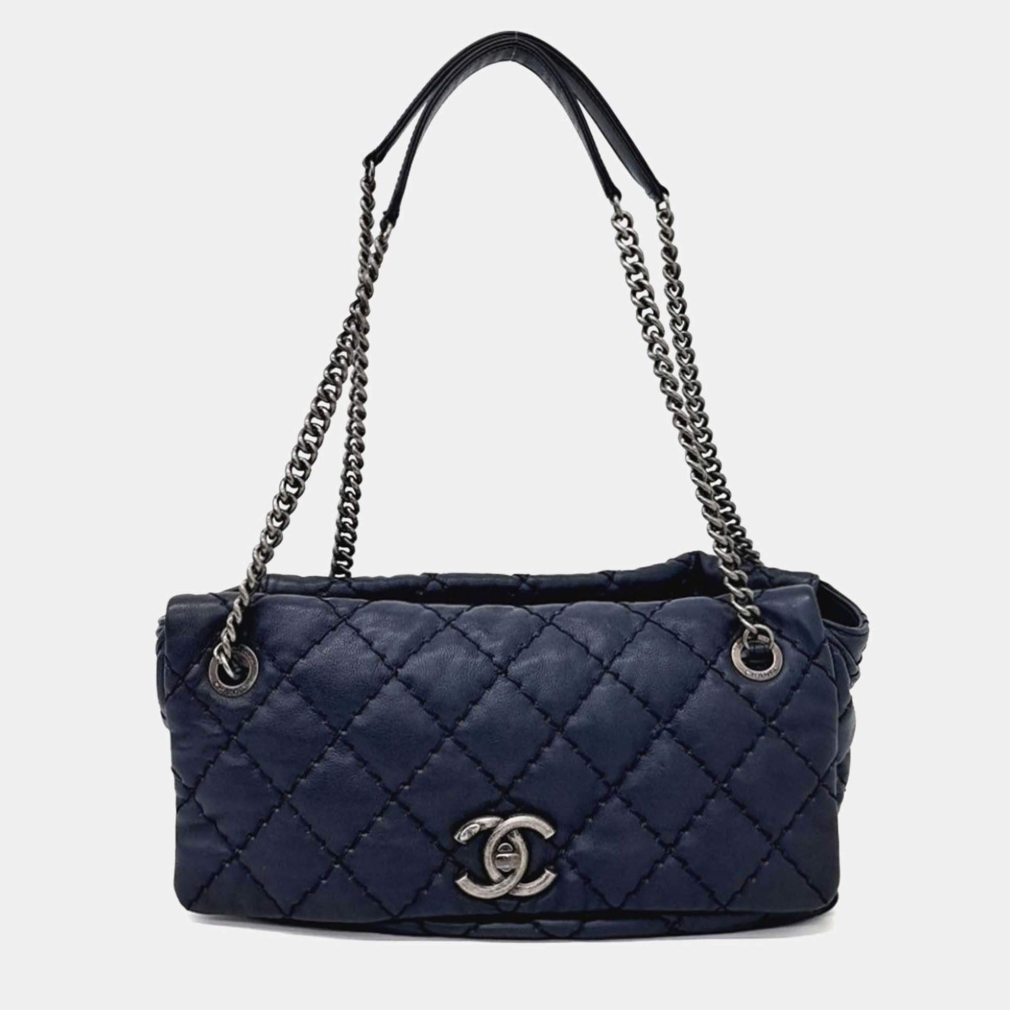 Pre Owned Chanel Navy Blue Leather Wild Stitch Chain Shoulder Bag