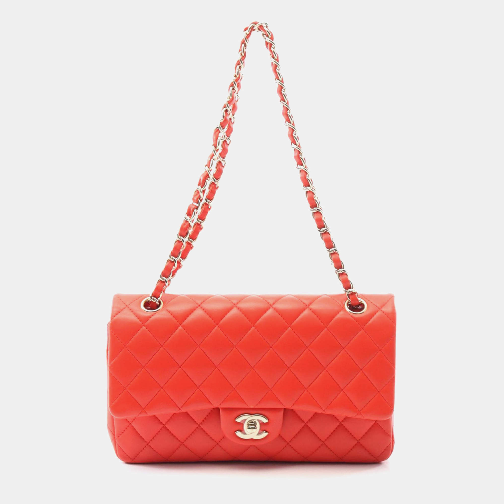 Pre Owned Chanel Classic Double Flap Medium Red Leather Shoulder Bag