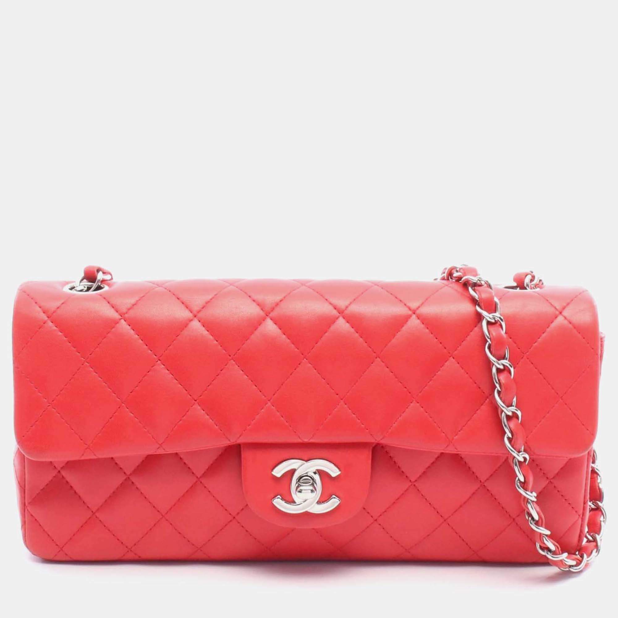 Pre Owned Chanel  East/West Classic Flap Red Quilted Caviar Leather Shoulder Bag