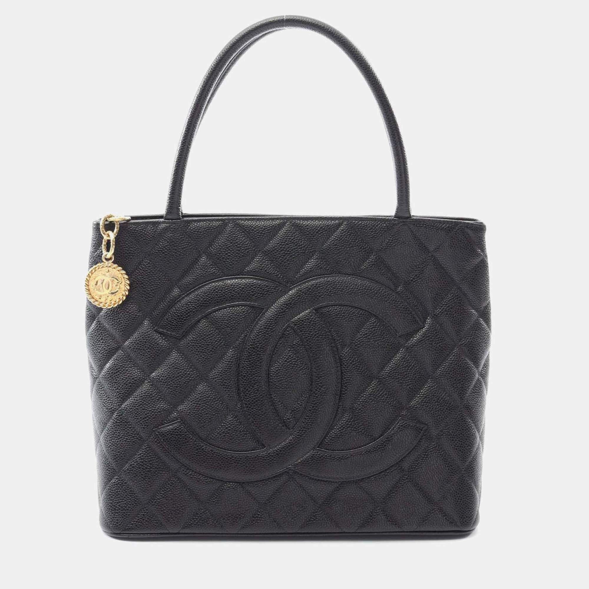 Pre Owned Chanel Medallion Black Caviar Leather Tote Bag