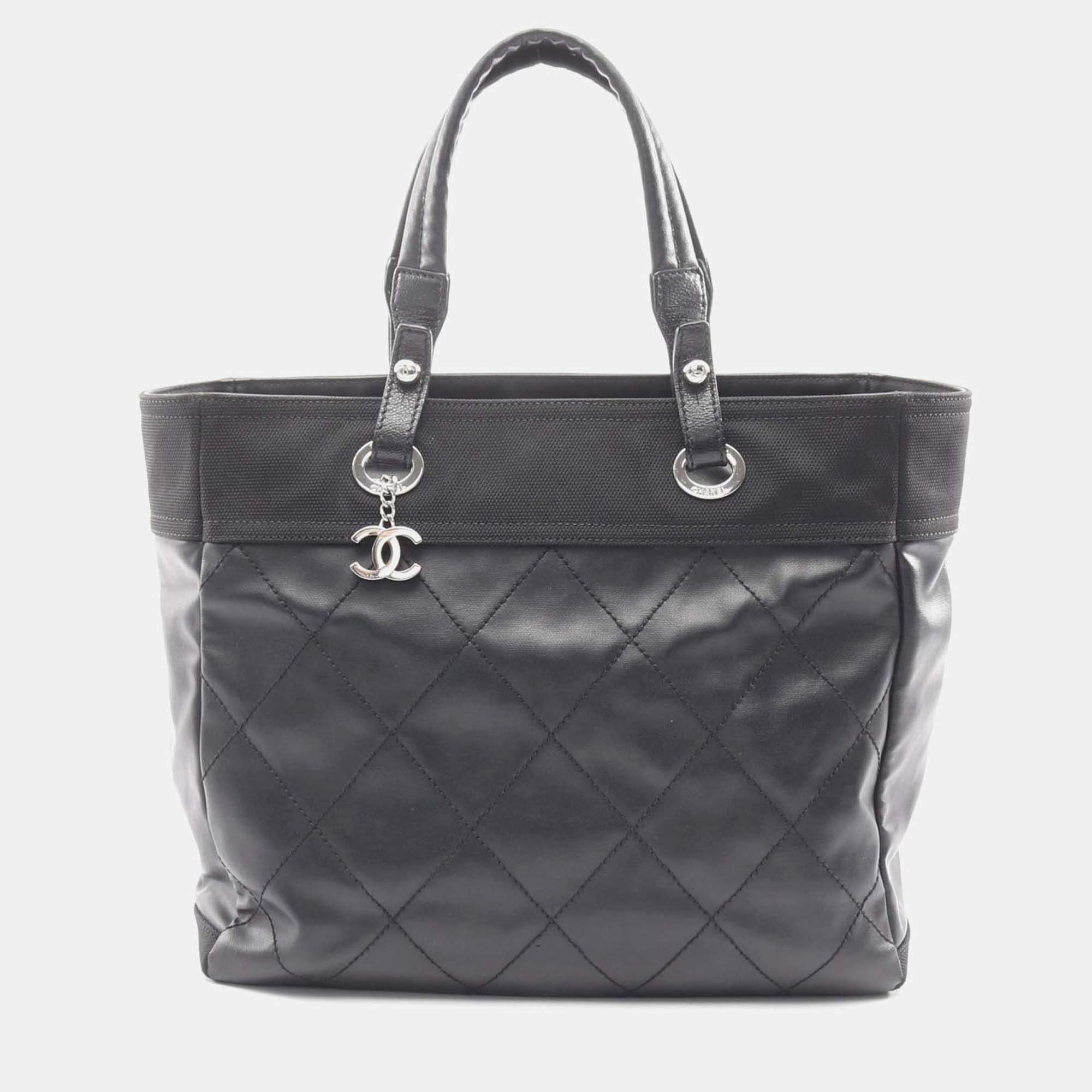 Pre Owned Chanel Paris Biarritz Black Quilted Coated Canvas Tote Bag