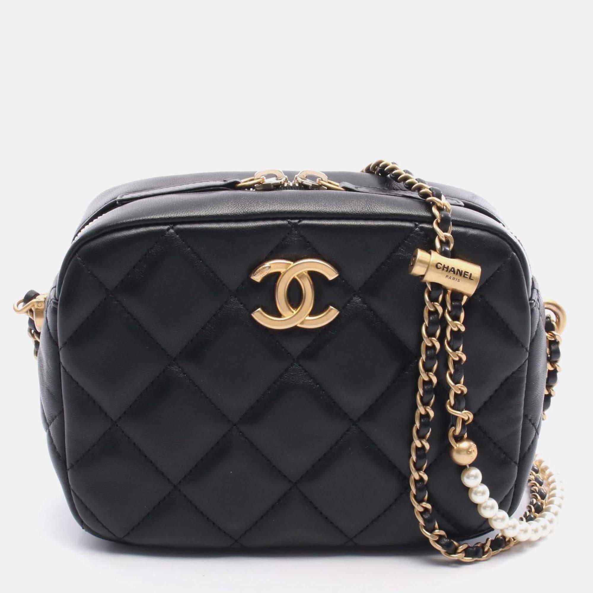 Pre Owned Chanel My Perfect Adjustable Small Quilted Lambskin with Pearls Chain Camera Bag