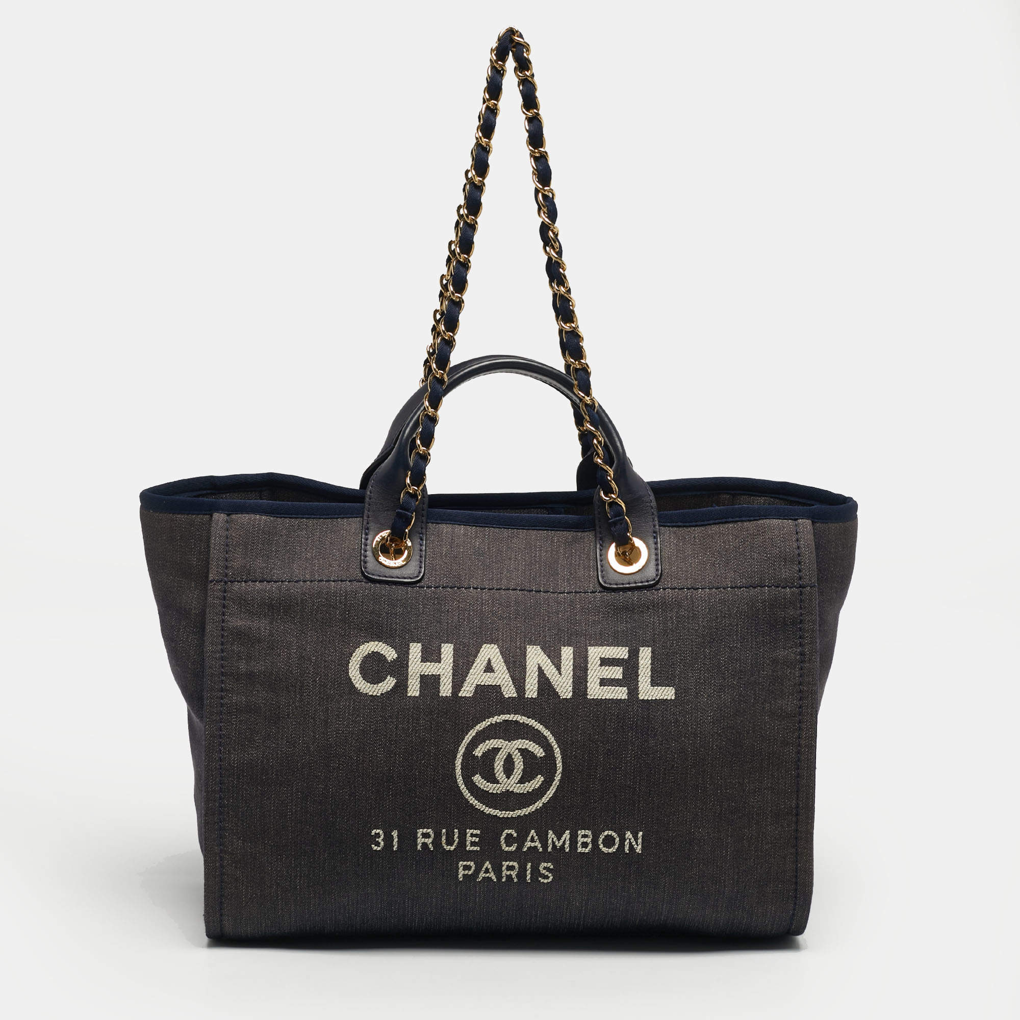 Pre Owned Chanel Navy Blue Denim Large Deauville Shopper Tote