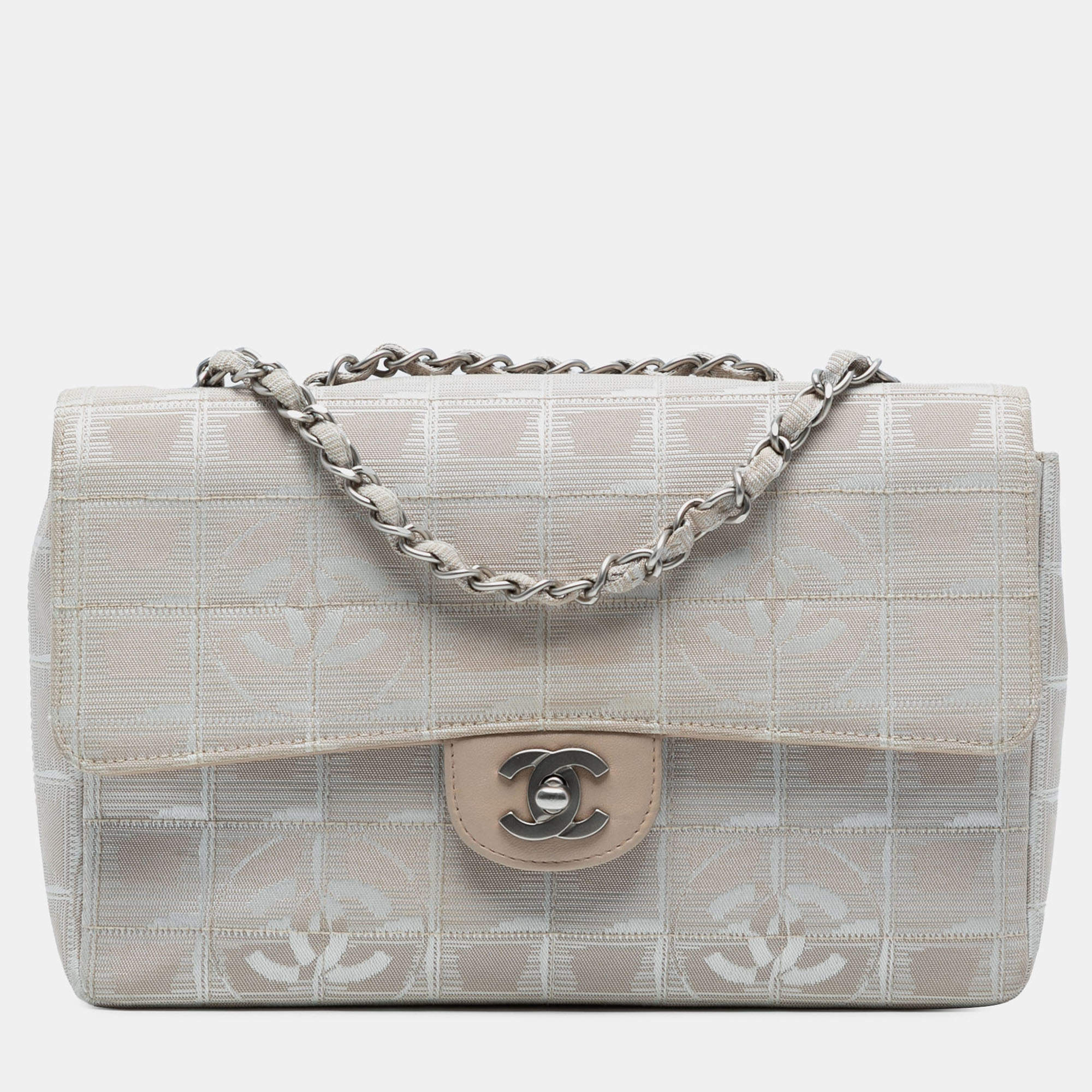 Pre Owned Chanel Beige Medium New Travel Line Nylon Single Flap