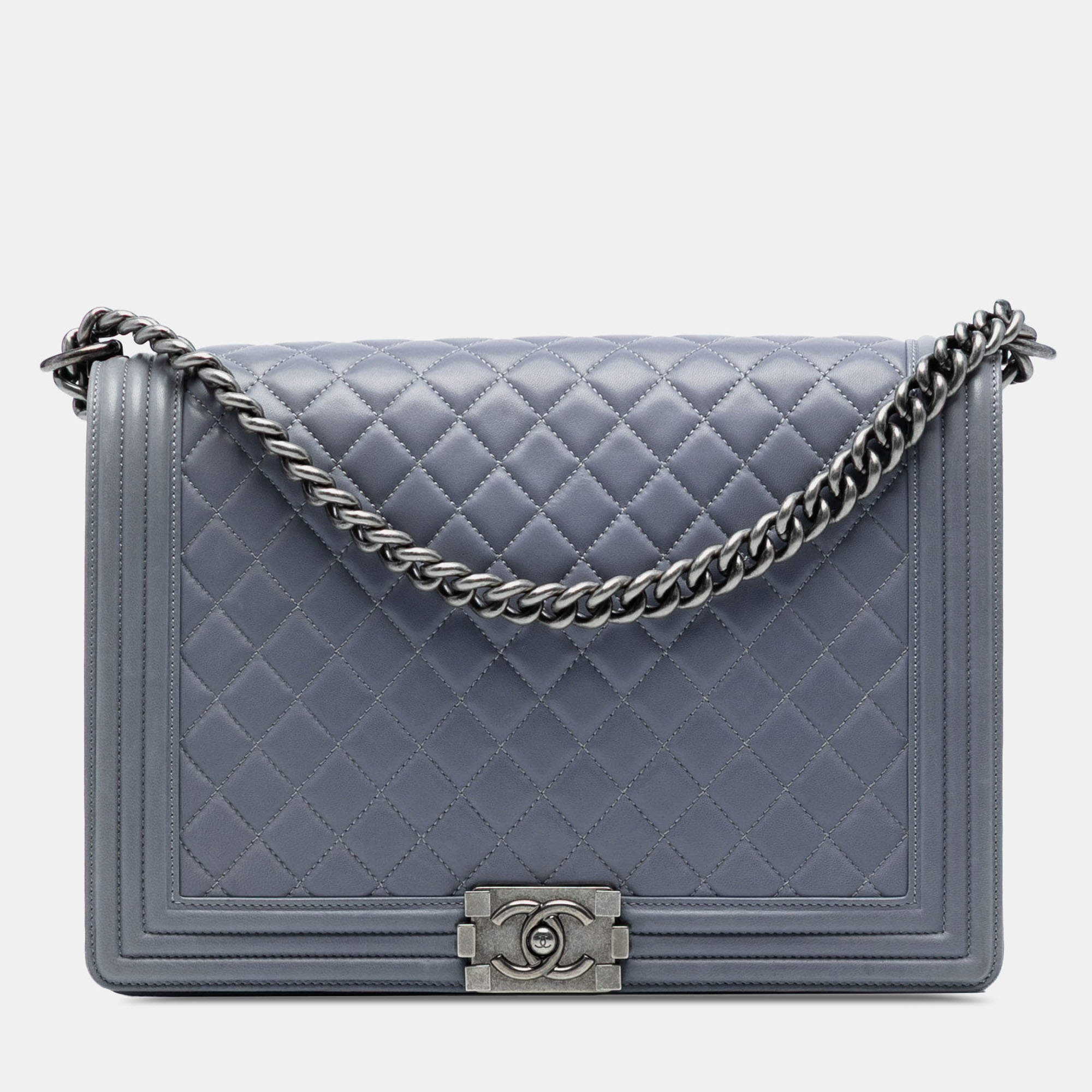 Pre Owned Chanel Grey Large Quilted Lambskin Boy Flap