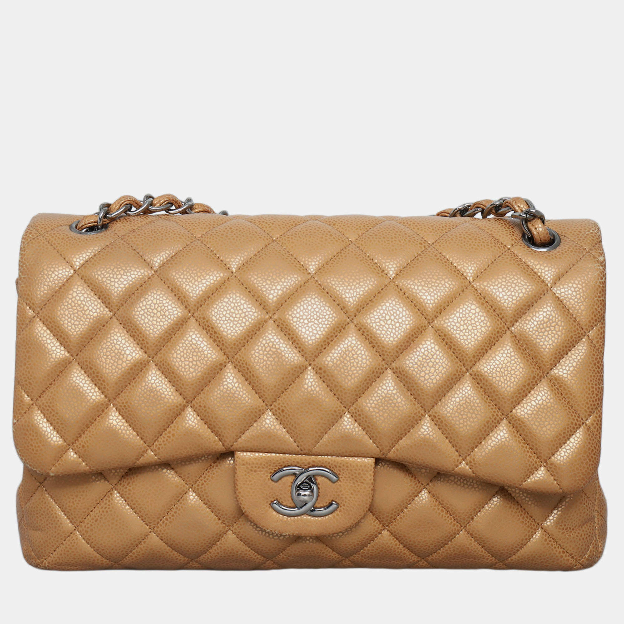 Pre Owned Chanel Brown Caviar Classic Jumbo Double Flap Bag