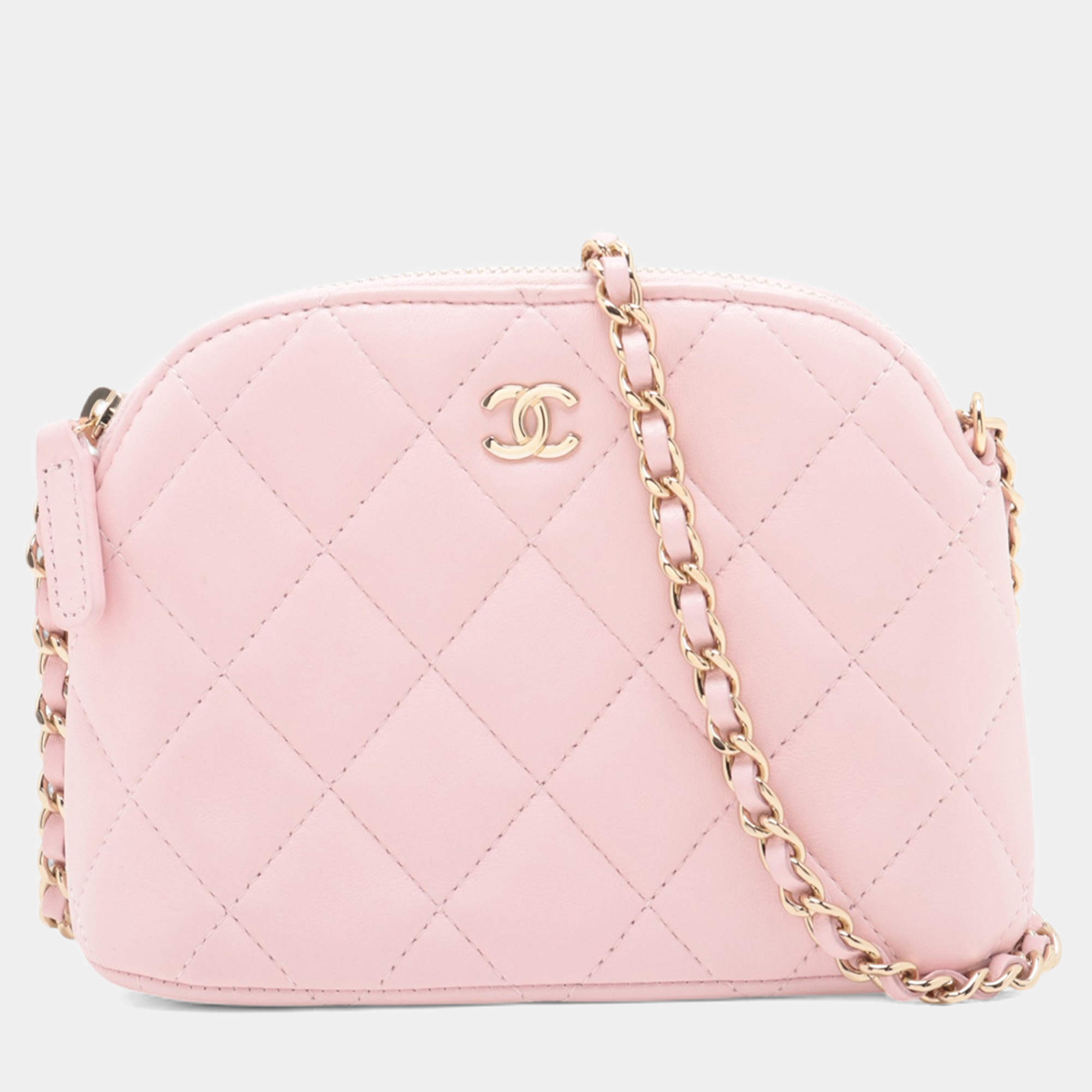 Pre Owned Chanel Pink Mini CC Quilted Lambskin Dome Clutch with Chain